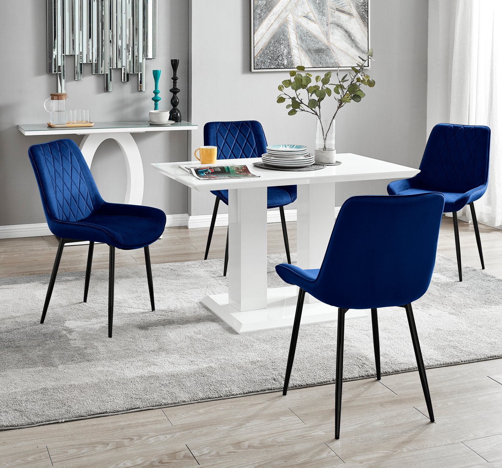 IMPERIA White High Gloss Pillar Dining Table and 4 Velvet Faux Leather Chairs - Picture 213 of 248