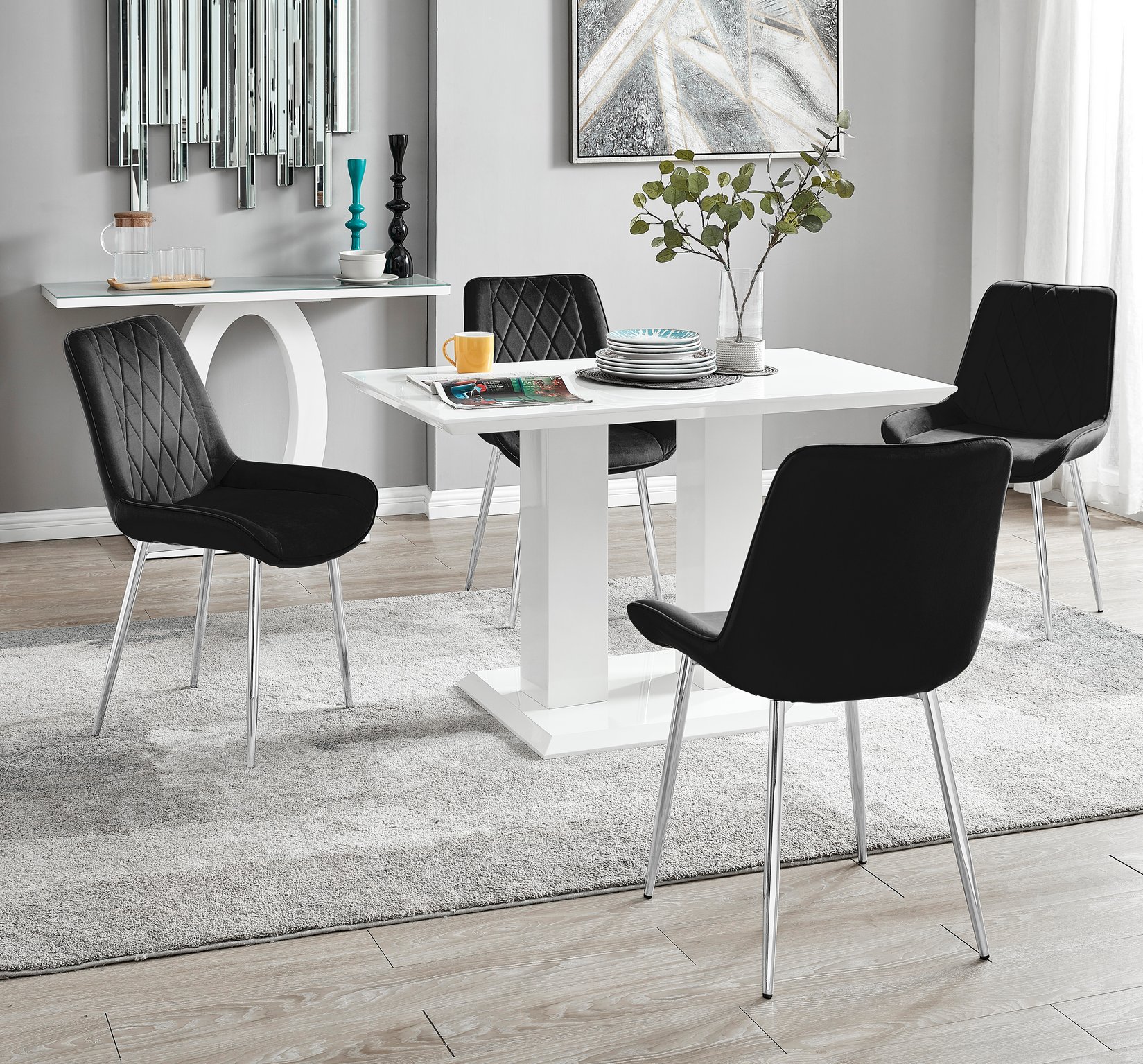 IMPERIA White High Gloss Pillar Dining Table and 4 Velvet Faux Leather Chairs - Picture 33 of 248