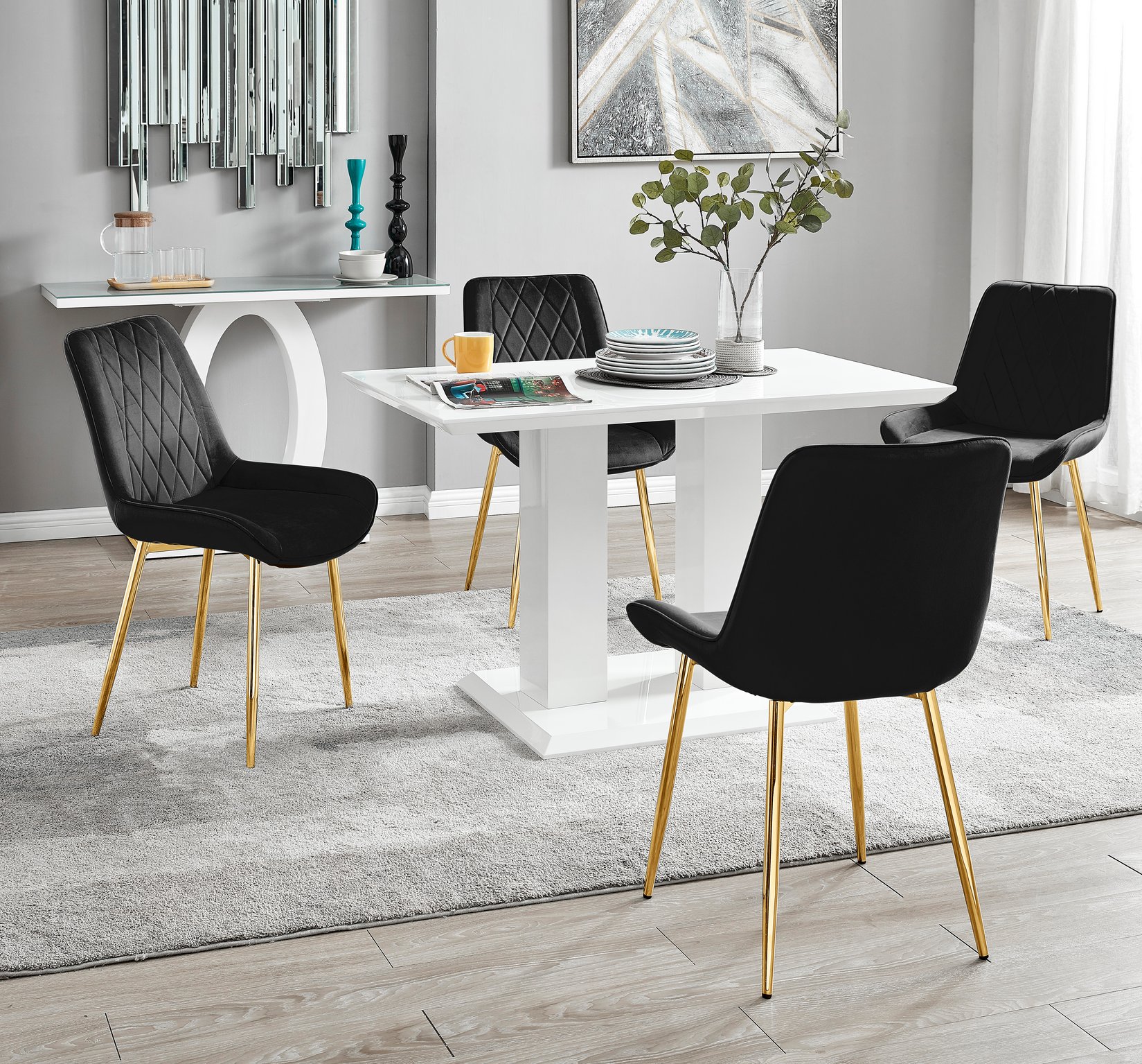 IMPERIA White High Gloss Pillar Dining Table and 4 Velvet Faux Leather Chairs - Picture 21 of 248