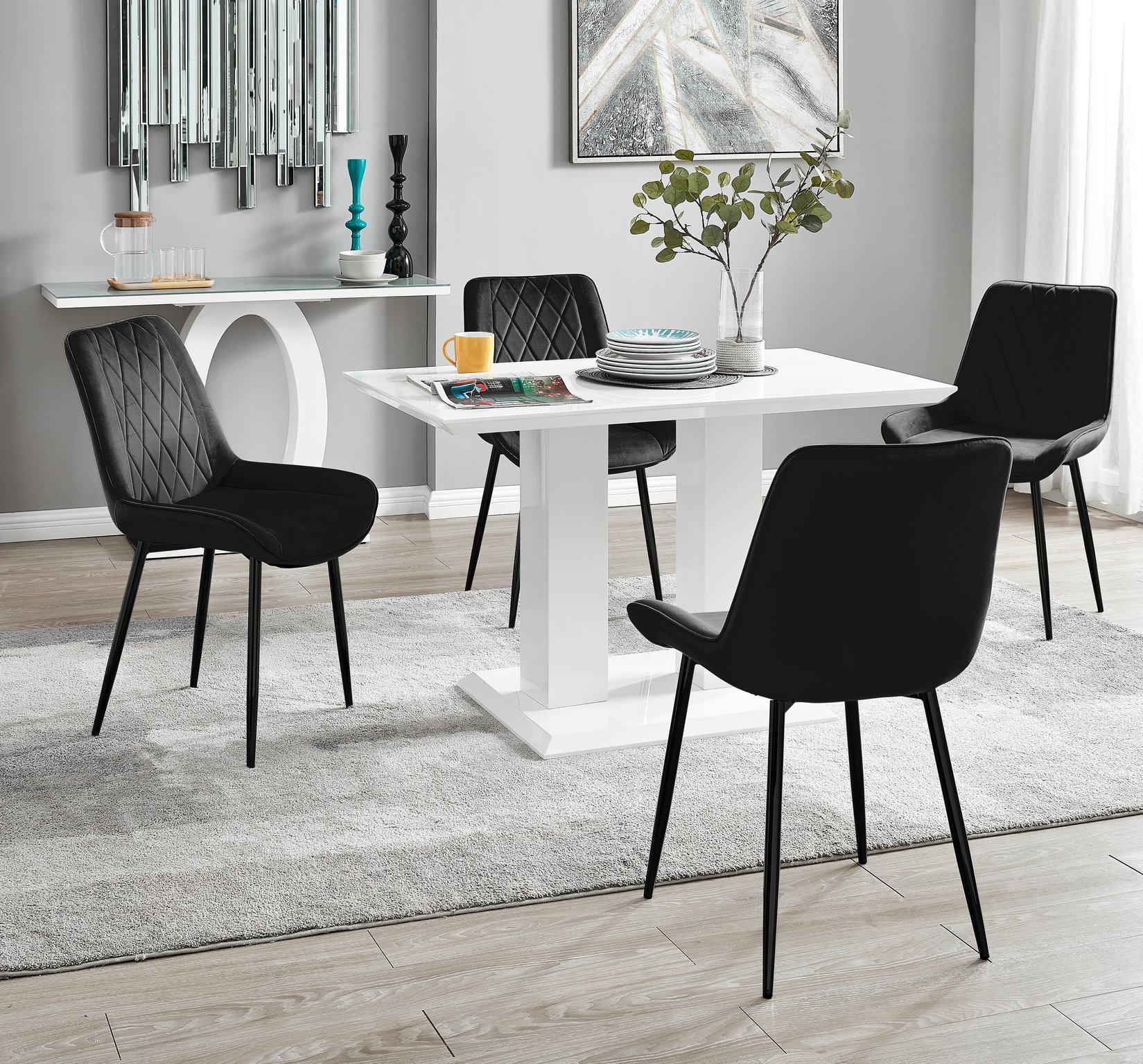 IMPERIA White High Gloss Pillar Dining Table and 4 Velvet Faux Leather Chairs - Picture 9 of 248