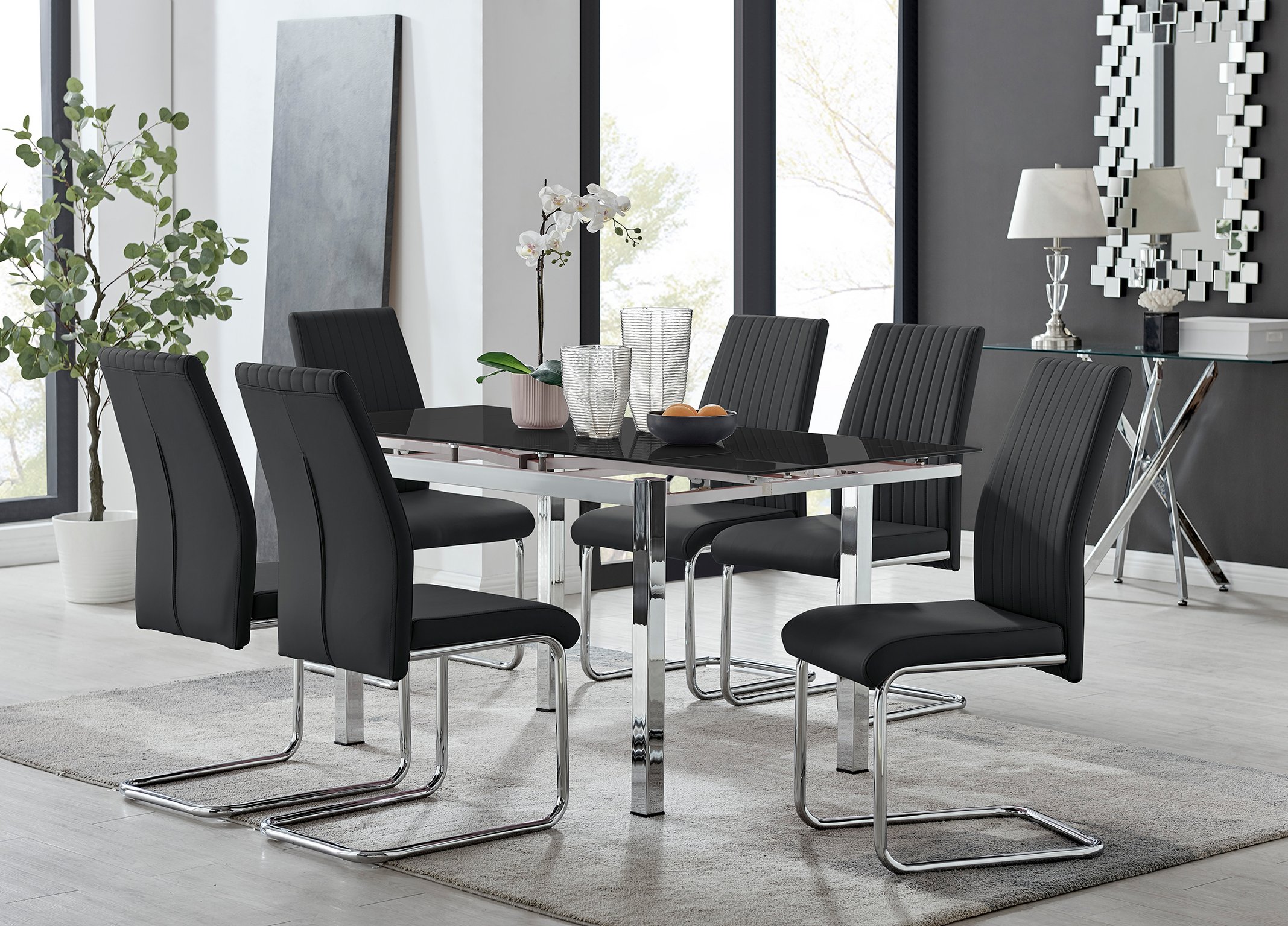 ENNA Black Glass Extending Dining Table Luxury Lorenzo Dining Chairs