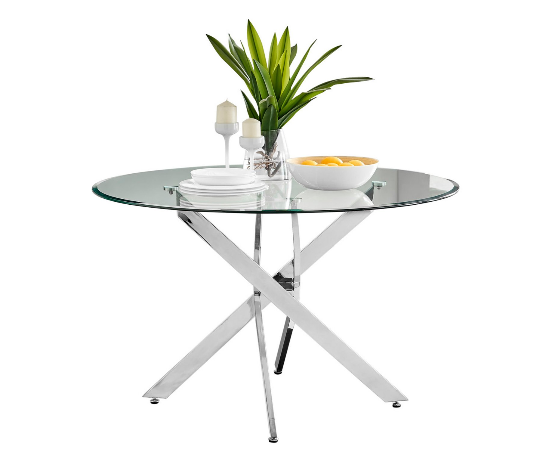 NOVARA Large Round Chrome Glass Dining Table And 4/6 Faux Leather Velvet Chairs