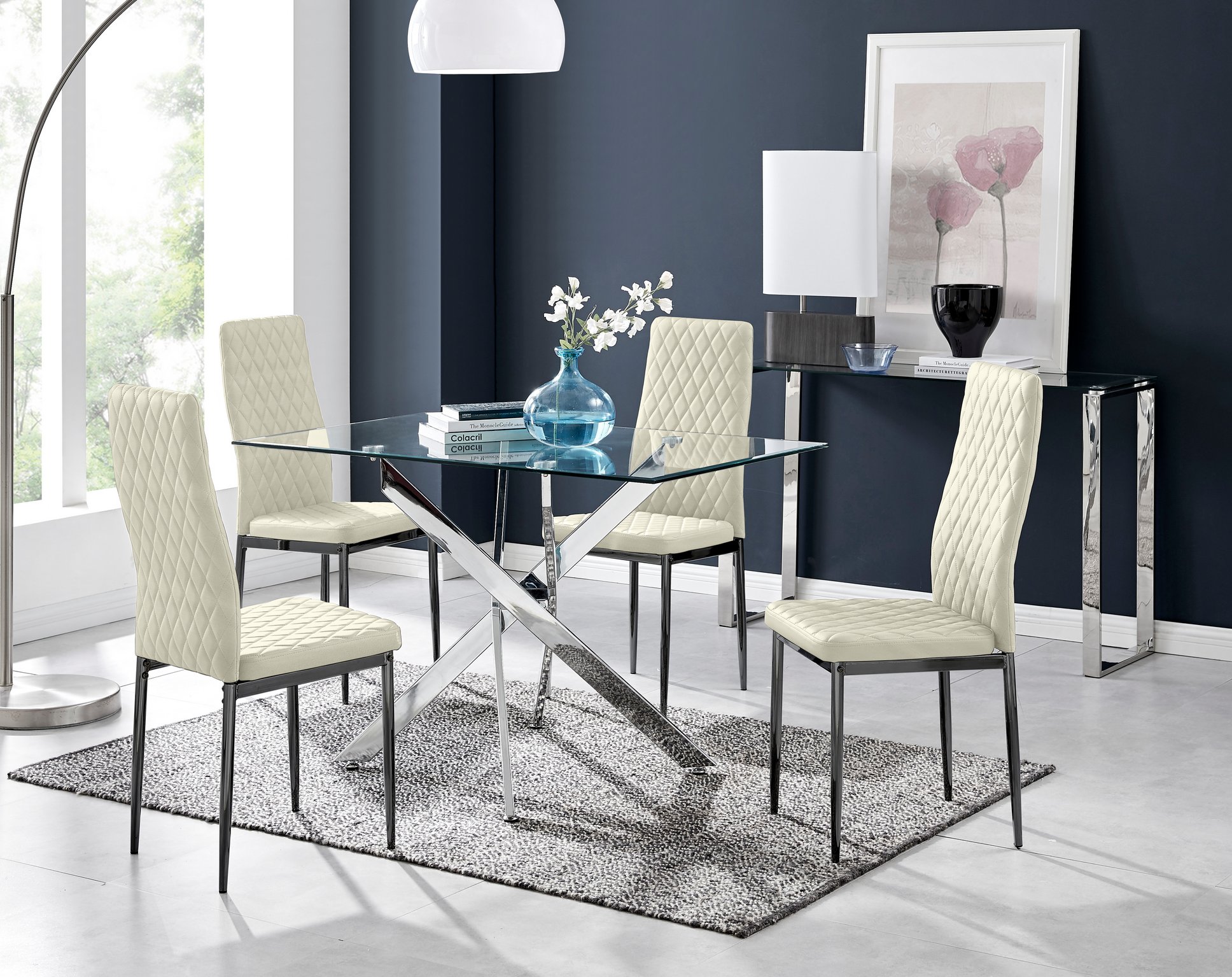Leonardo 4 Table and 4 Velvet Milan Black Leg Chairs
