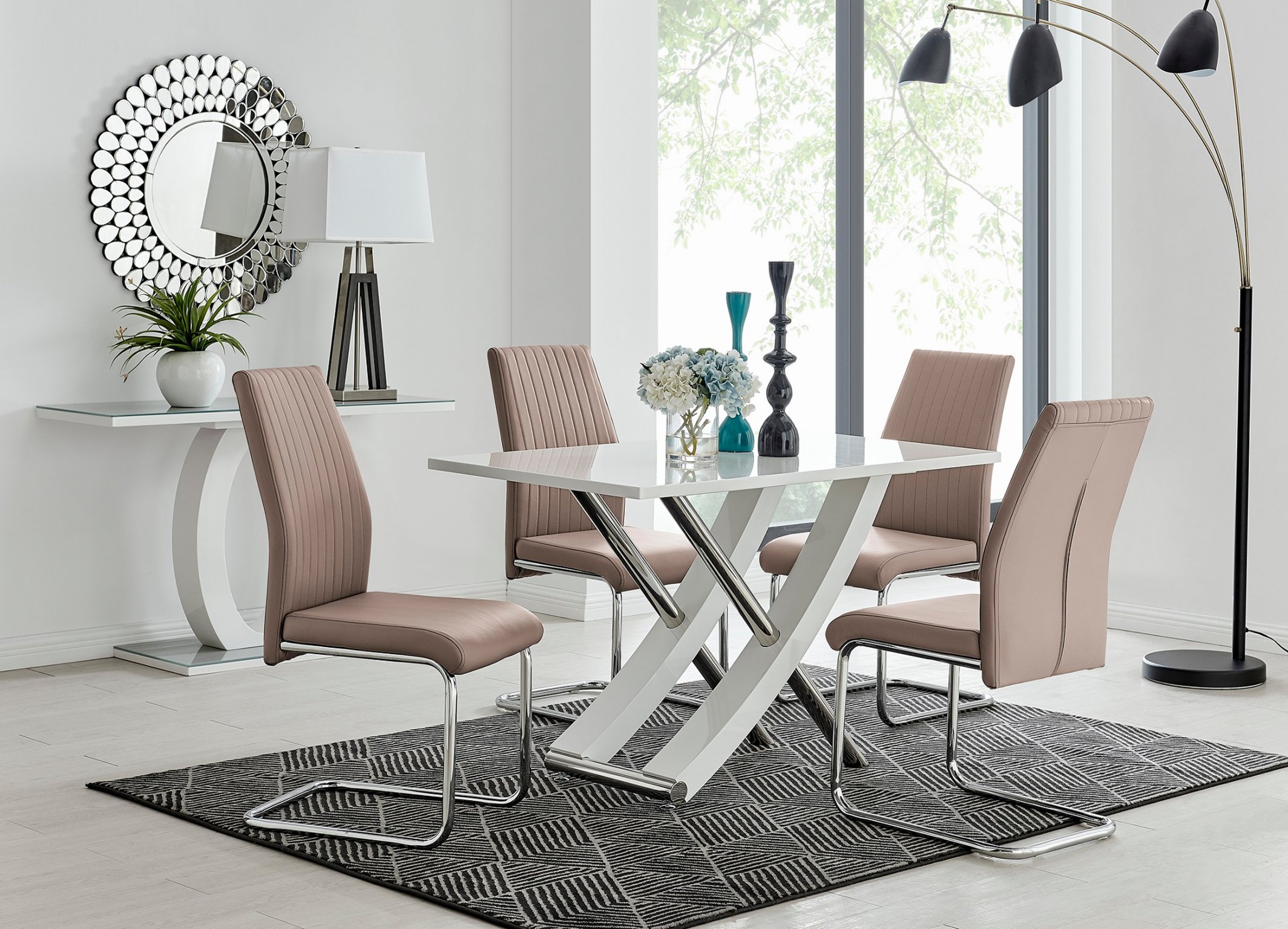 MAYFAIR White High Gloss Chrome Dining Table & 4 Faux Leather Dining Chairs - Picture 83 of 285