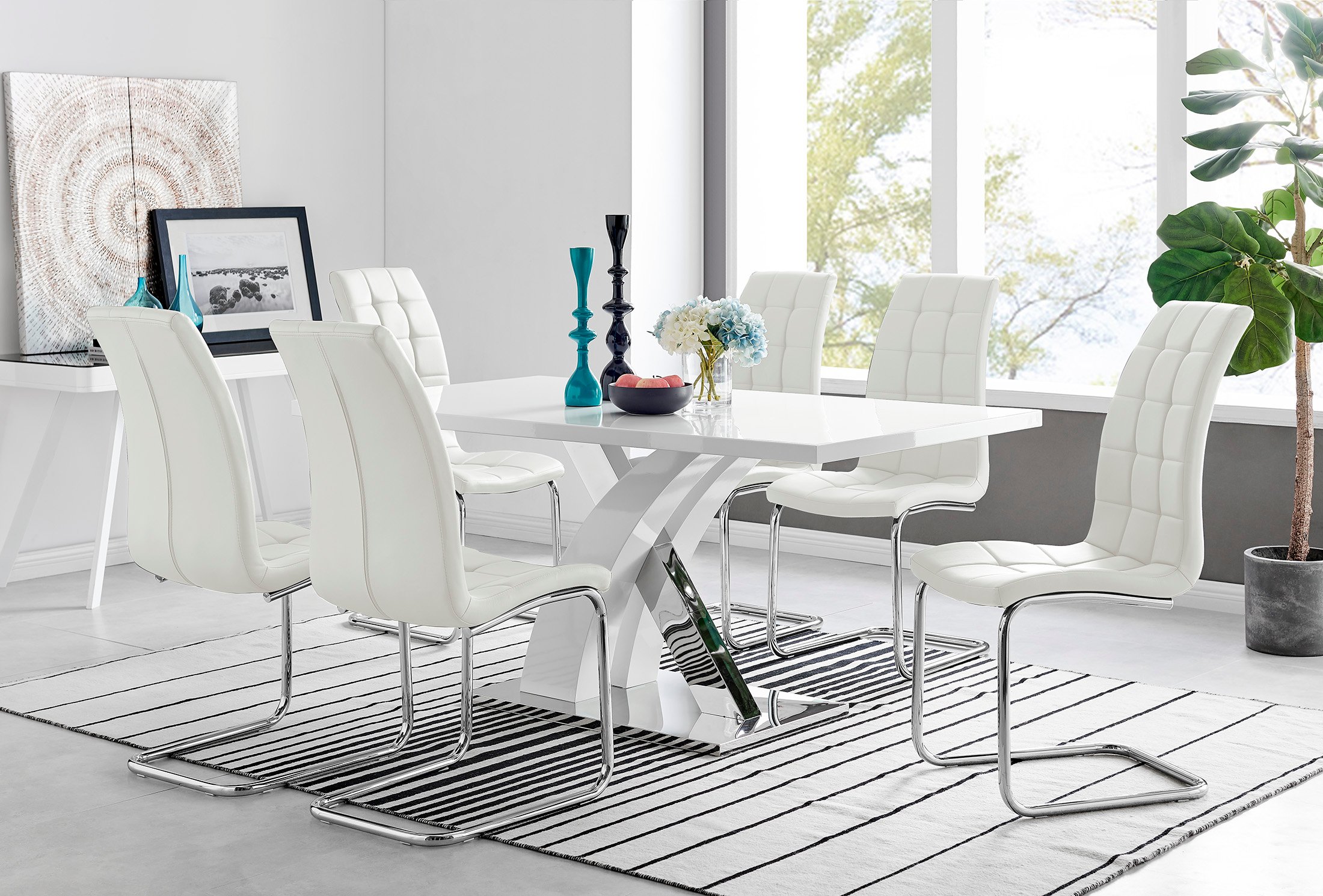 ATLANTA White High Gloss and Chrome Dining Table & 6 Faux Leather Murano Chairs - Picture 2 of 49