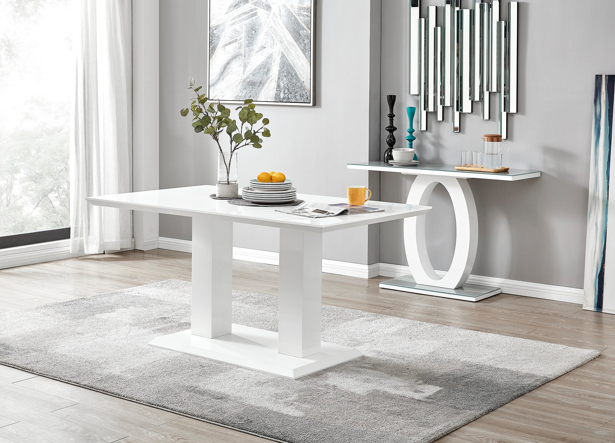 Imperia High Gloss White Dining Table 150x90cm and 6 Halle Chairs Furniture Set - Picture 4 of 38