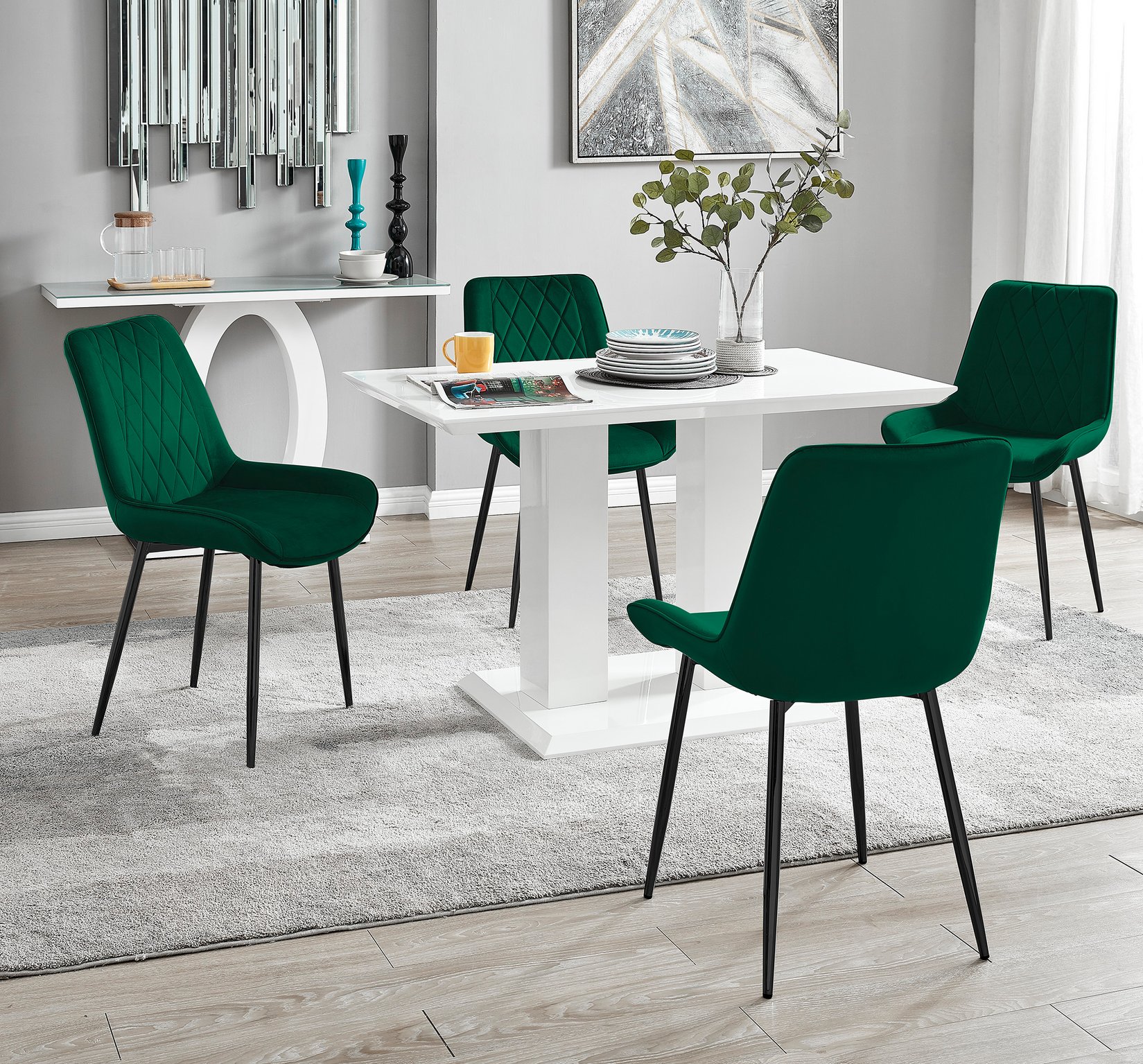 IMPERIA White High Gloss Pillar Dining Table and 4 Velvet Faux Leather Chairs - Picture 117 of 248