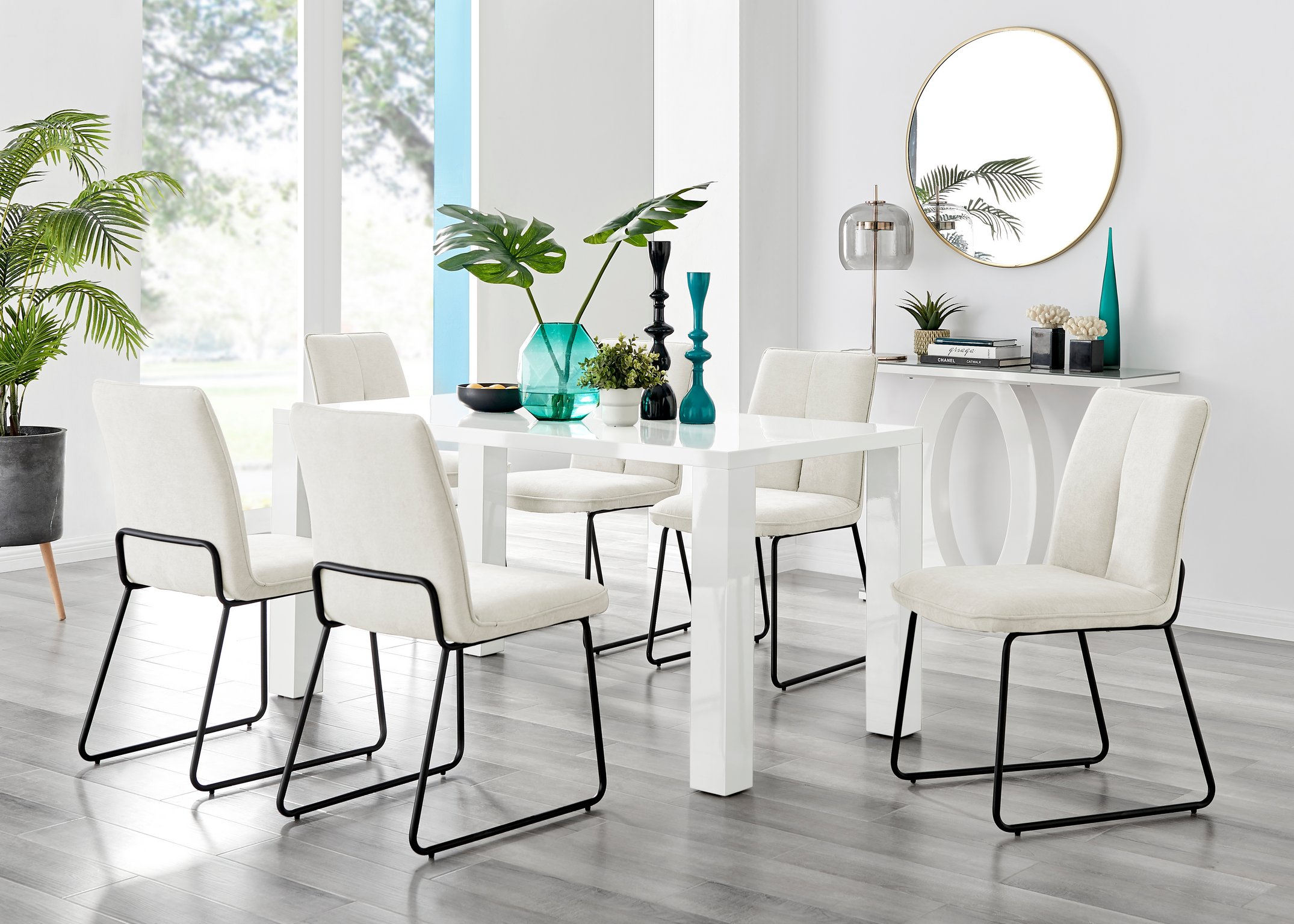 PIVERO White High Gloss Dining Table 150x80cm and 6 Halle Chairs Furniture Set