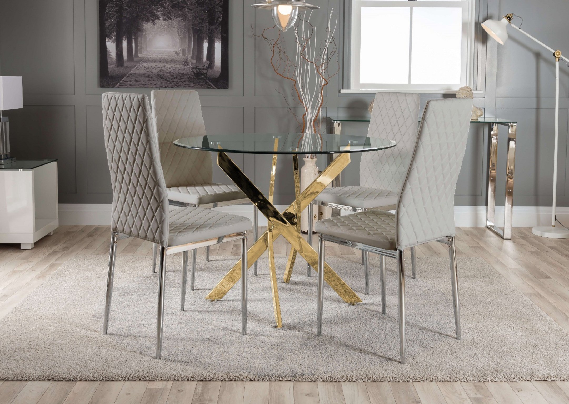 NOVARA Gold Round Tempered Glass Dining Table And 4 Faux Leather Dining Chairs - Picture 307 of 410