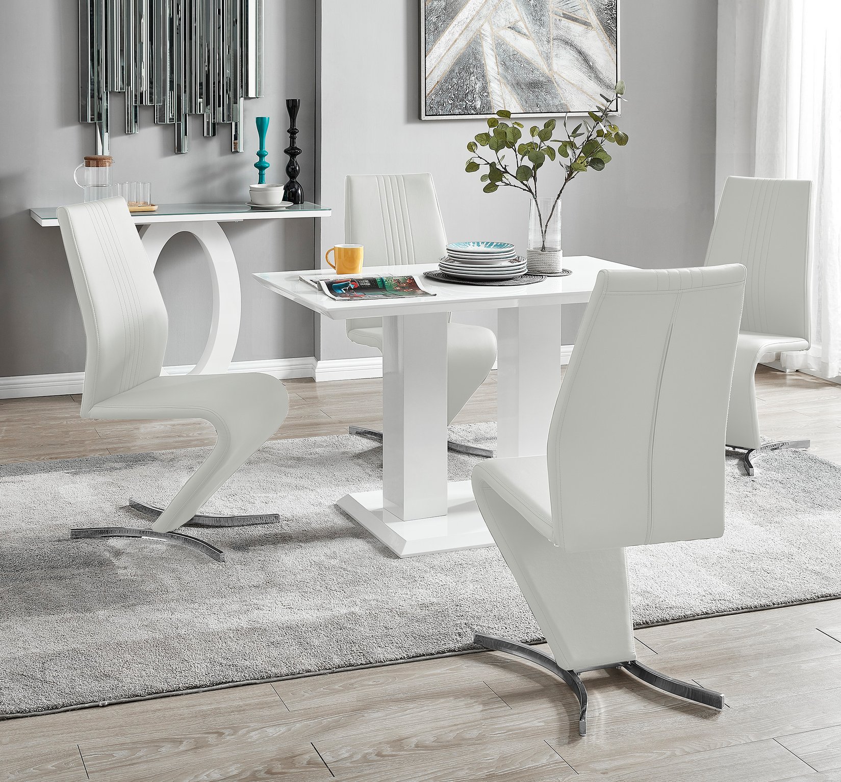 IMPERIA White High Gloss Dining Table & 4 Faux Leather Chrome Willow Chairs - Picture 2 of 43