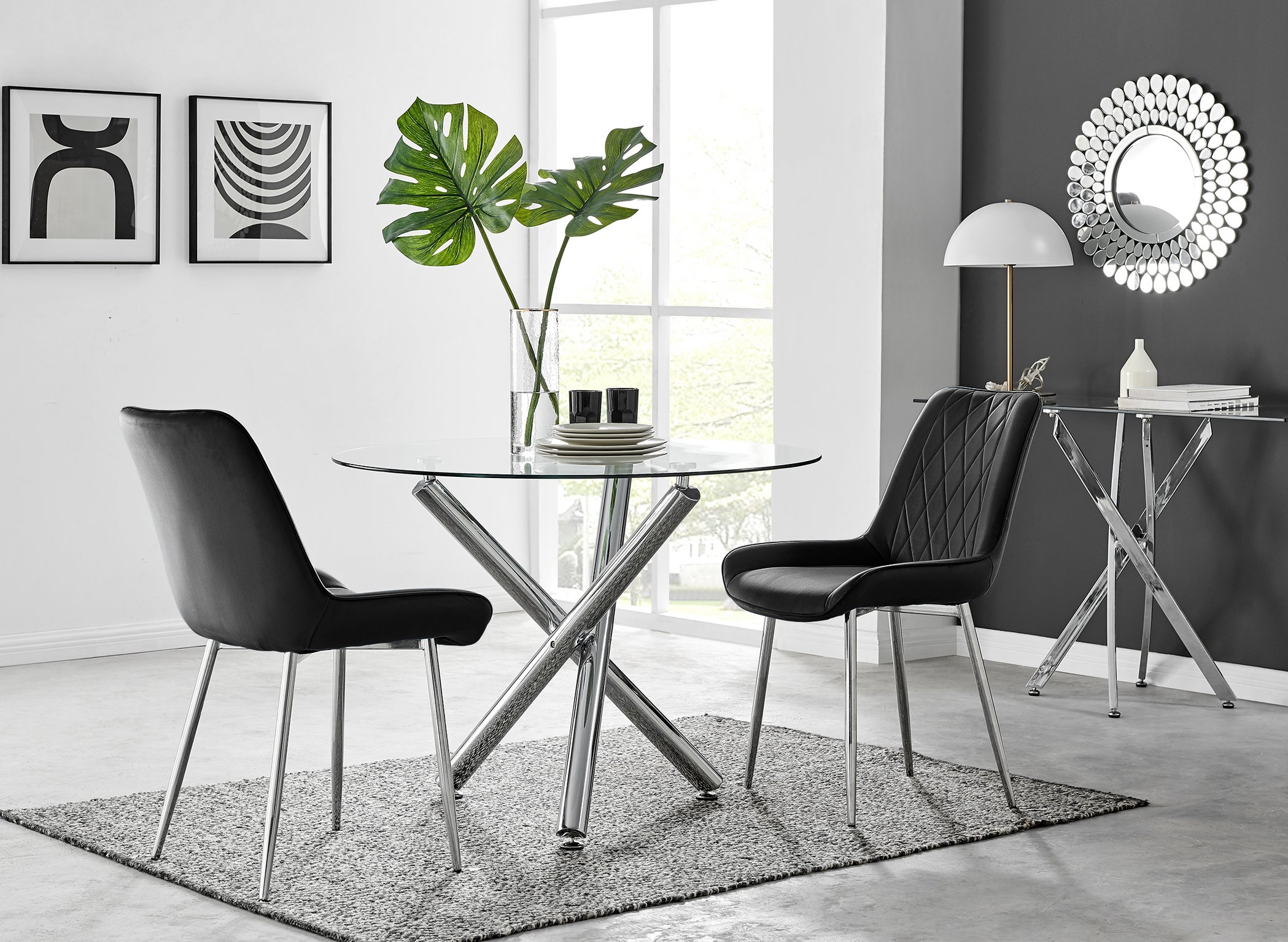SELINA Round Glass and Silver Chrome Leg Dining Table & 2 Pesaro Chairs