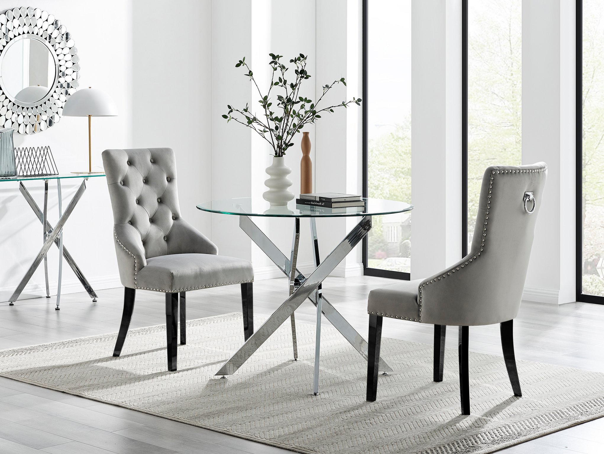 Novara 100cm Round Glass Dining Table and 2 Velvet Belgravia Black Leg Chairs - Picture 25 of 33