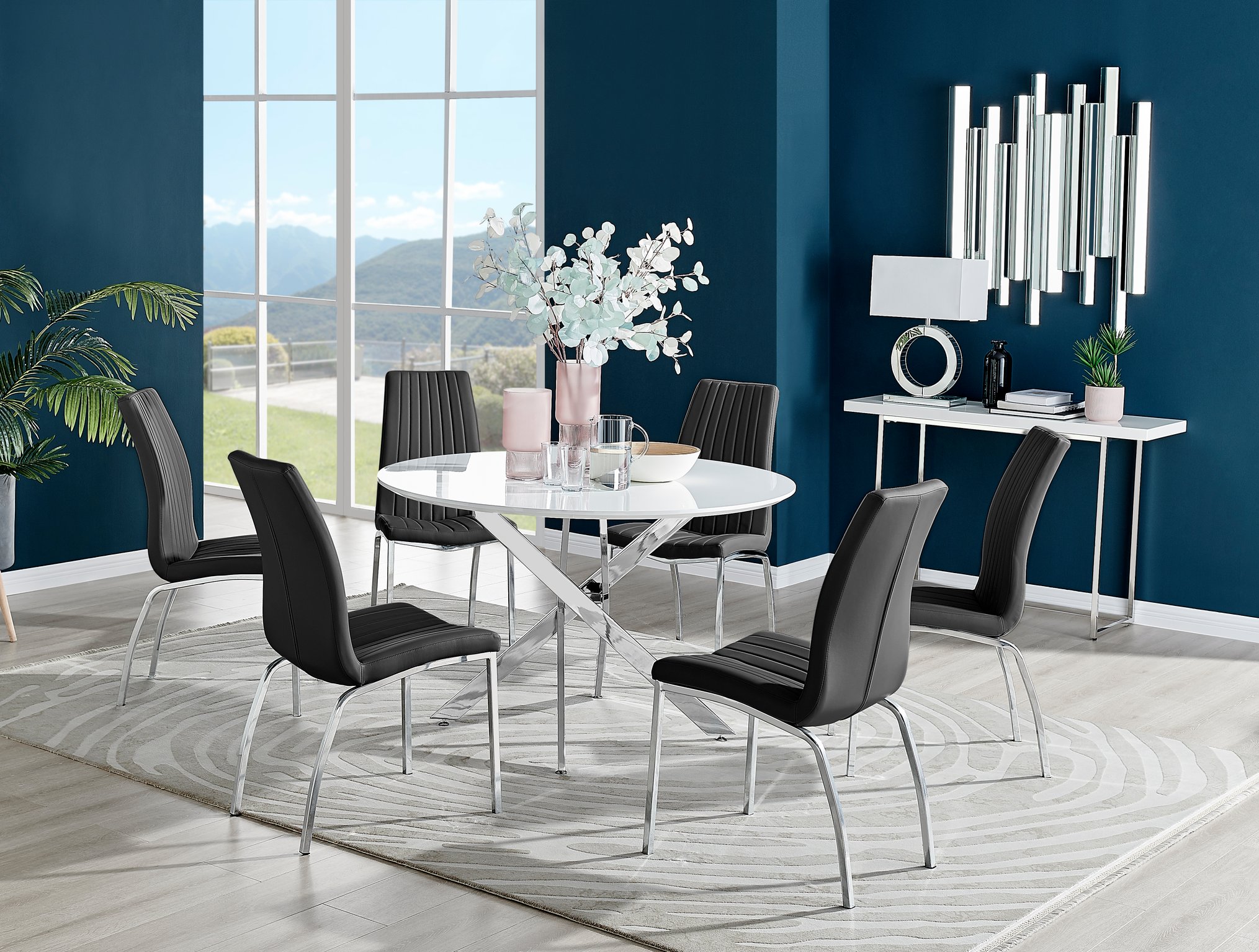 Novara White High Gloss Round Dining Table 120cm and 6 Isco Chairs Furniture Set