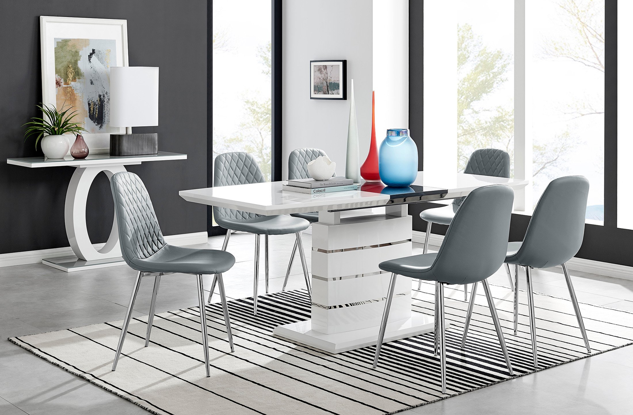 RENATO White Gloss Chrome Extending Dining Table &6/8 Faux Leather Dining Chairs - Picture 67 of 601