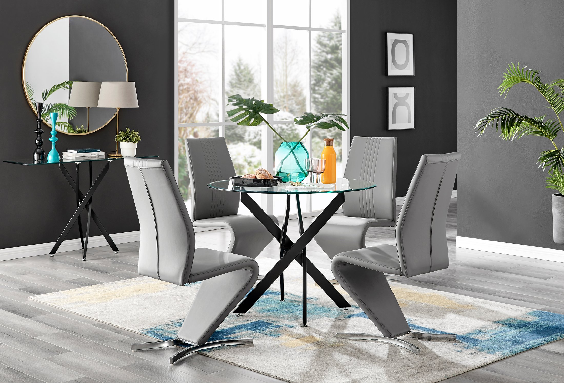 NOVARA 100cm Round Glass and Black Leg Dining Table & 4 Faux Leather Chairs - Picture 491 of 526