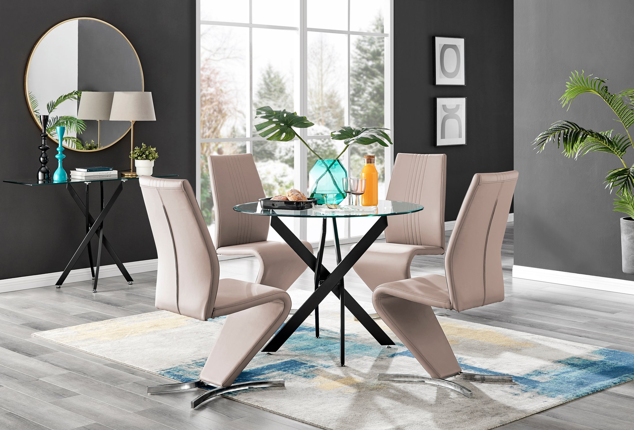 NOVARA 100cm Round Glass and Black Leg Dining Table & 4 Faux Leather Chairs - Picture 479 of 526