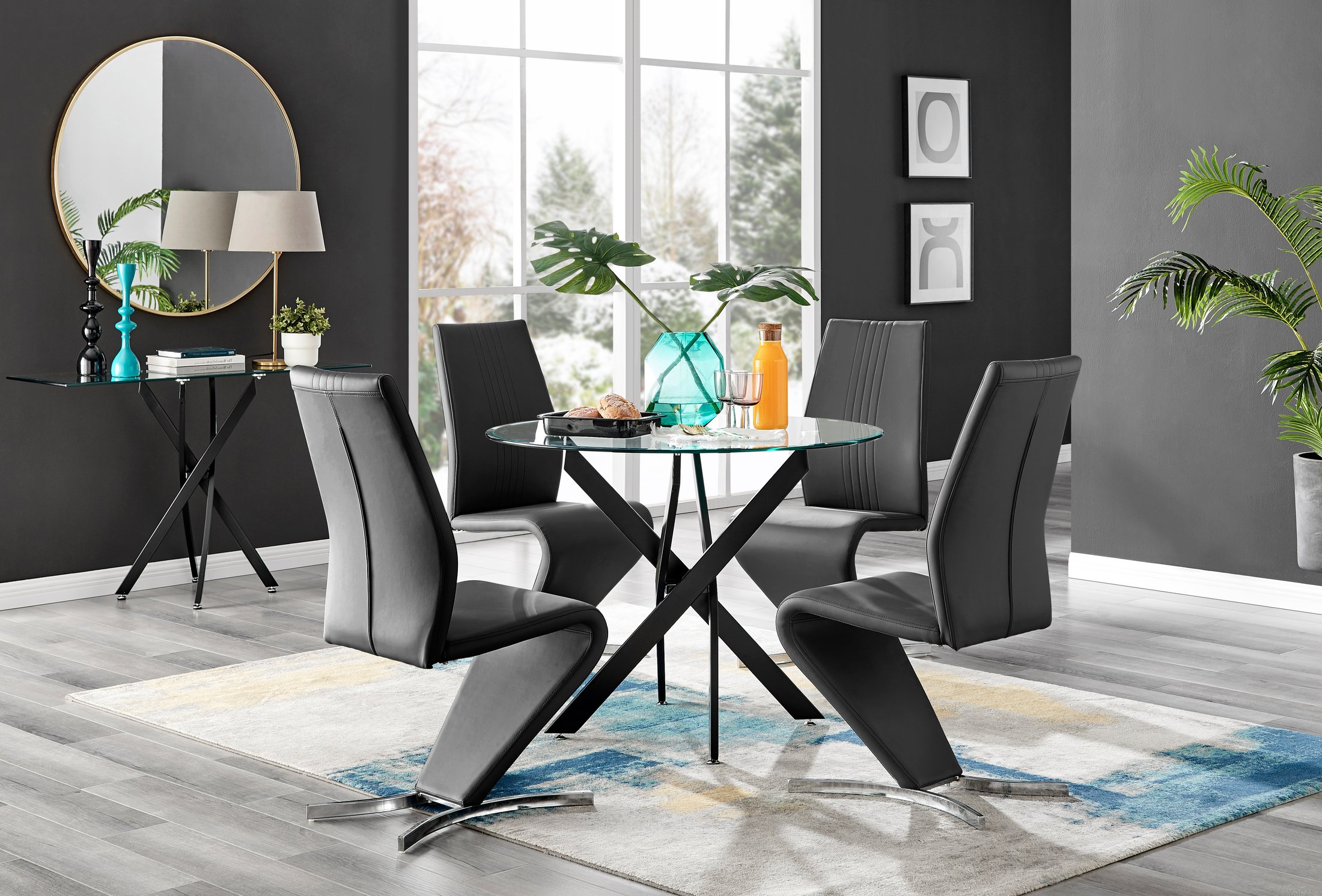 NOVARA 100cm Round Glass and Black Leg Dining Table & 4 Faux Leather Chairs - Picture 467 of 526