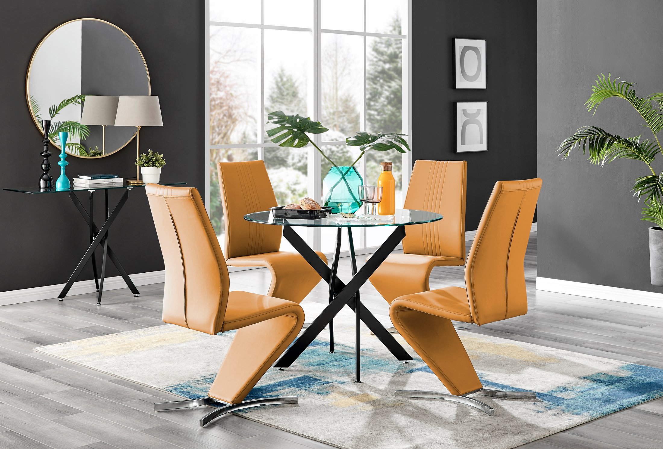 NOVARA 100cm Round Glass and Black Leg Dining Table & 4 Faux Leather Chairs - Picture 503 of 526