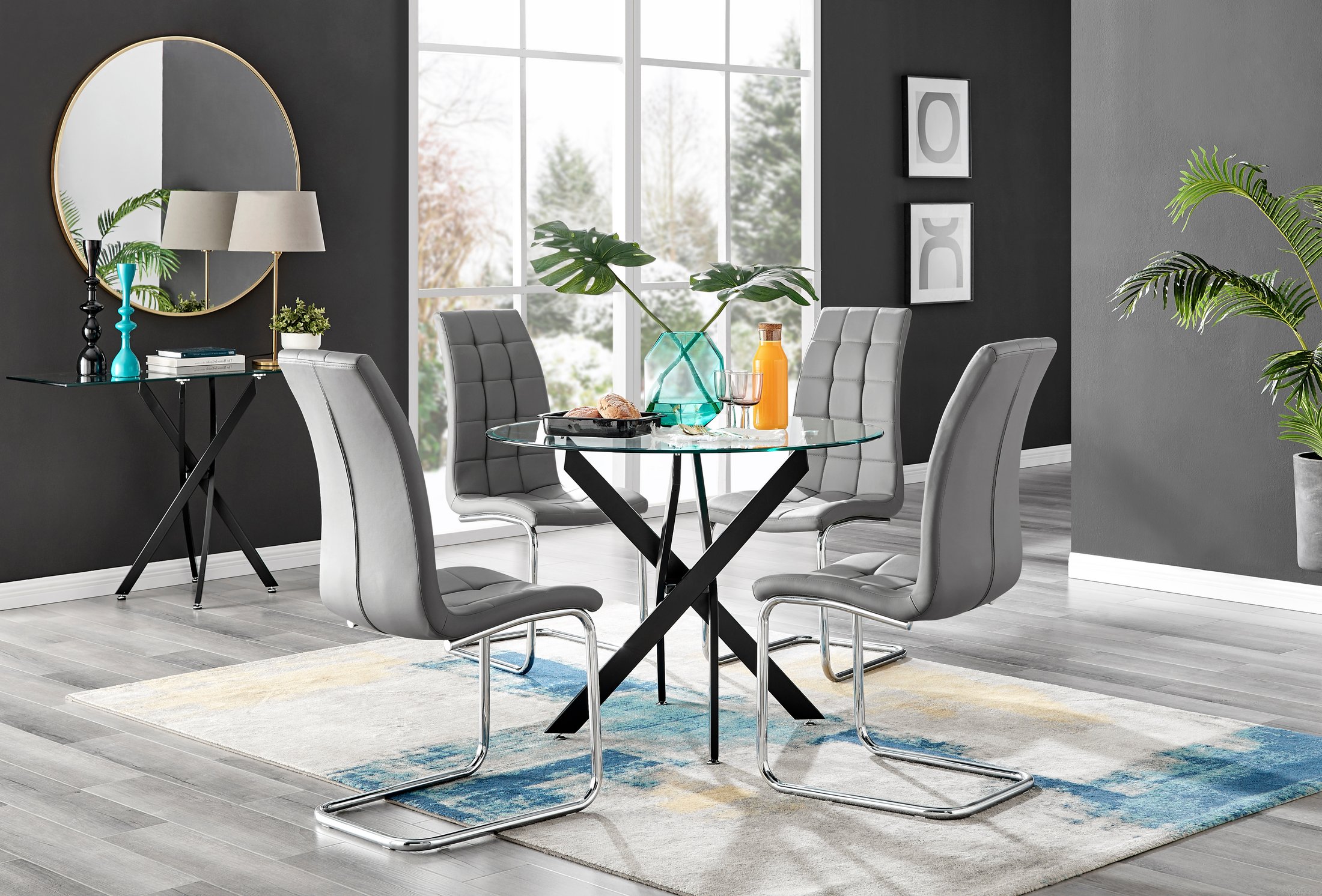 NOVARA 100cm Round Glass and Black Leg Dining Table & 4 Faux Leather Chairs - Picture 443 of 526
