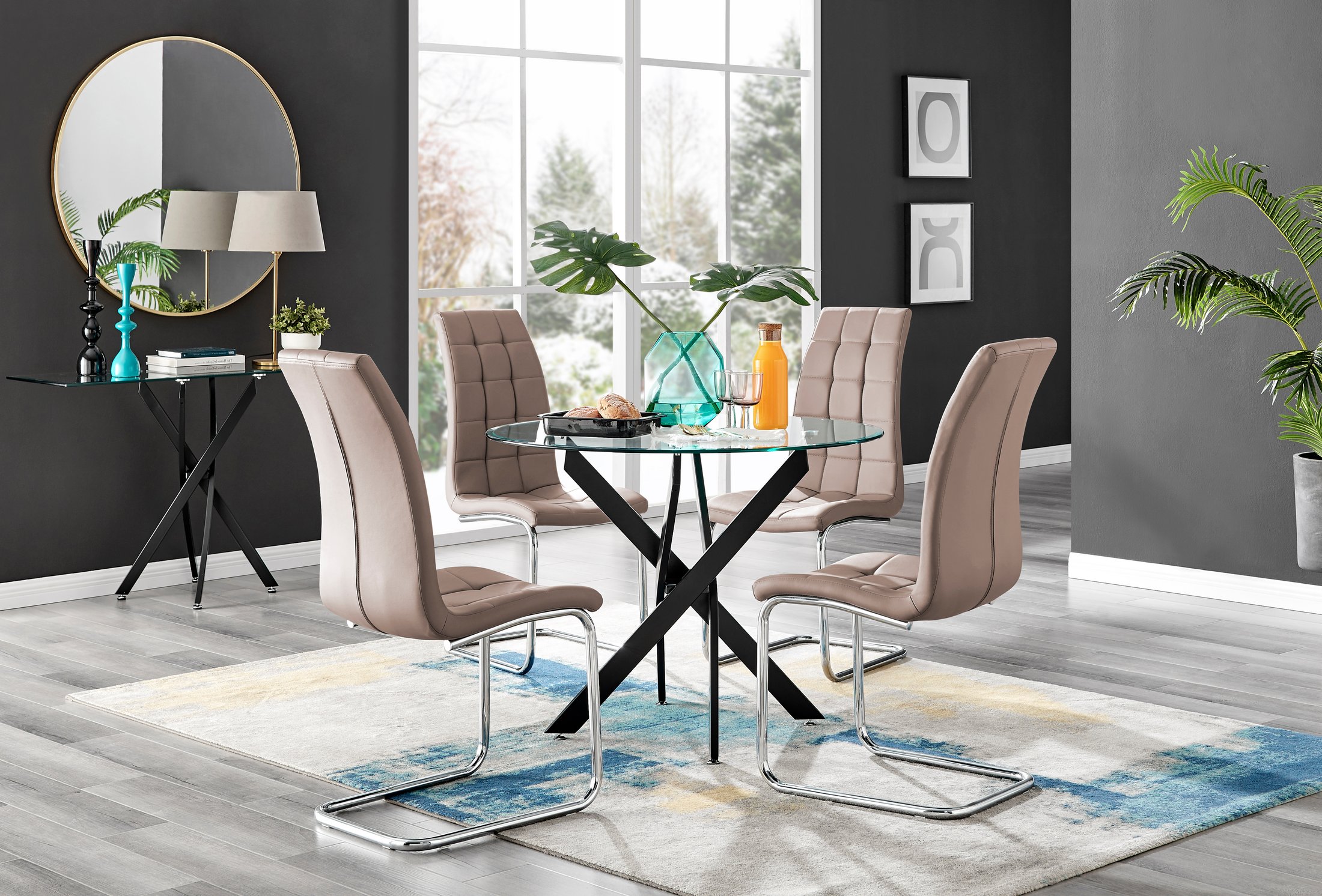 NOVARA 100cm Round Glass and Black Leg Dining Table & 4 Faux Leather Chairs - Picture 431 of 526