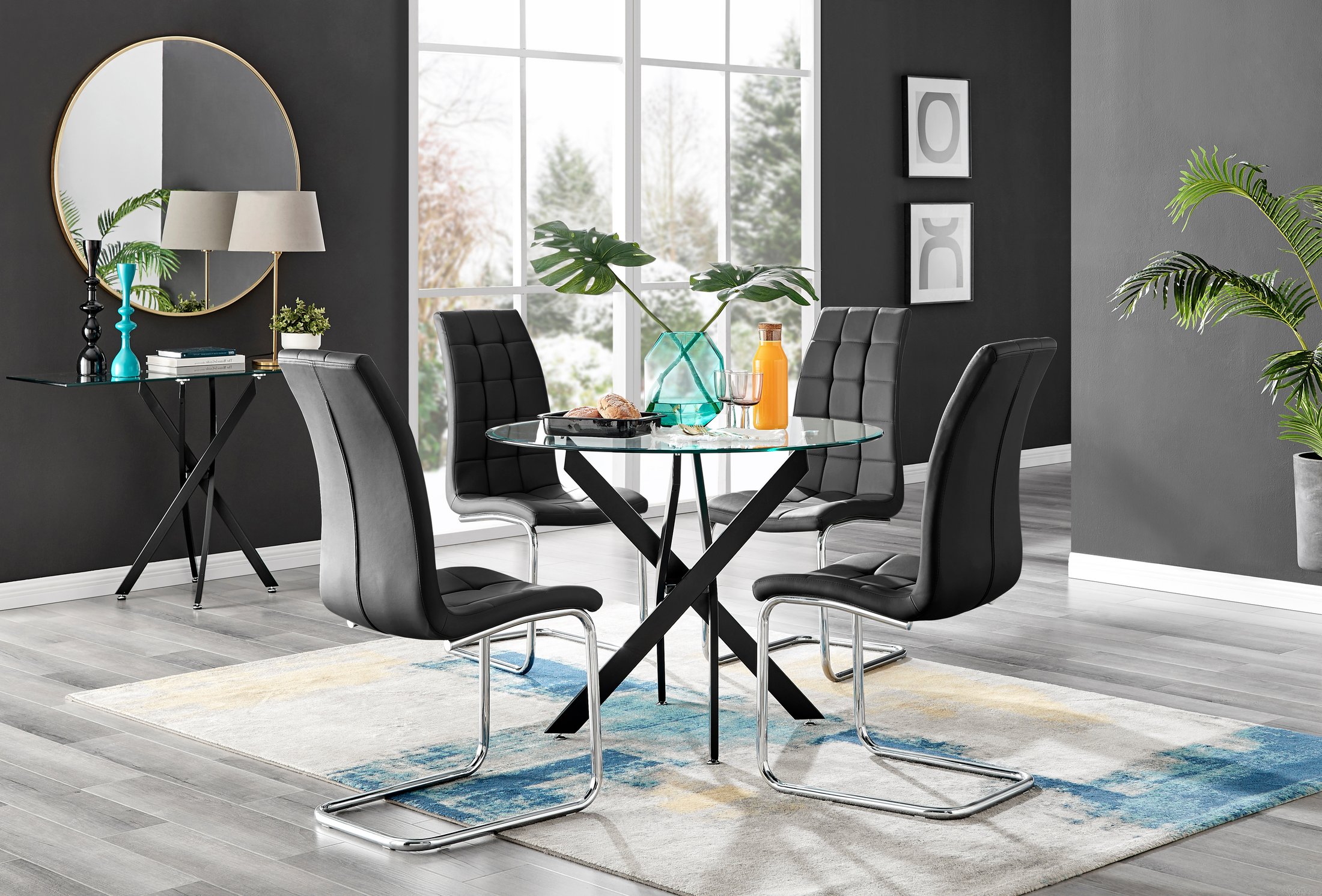 NOVARA 100cm Round Glass and Black Leg Dining Table & 4 Faux Leather Chairs - Picture 419 of 526