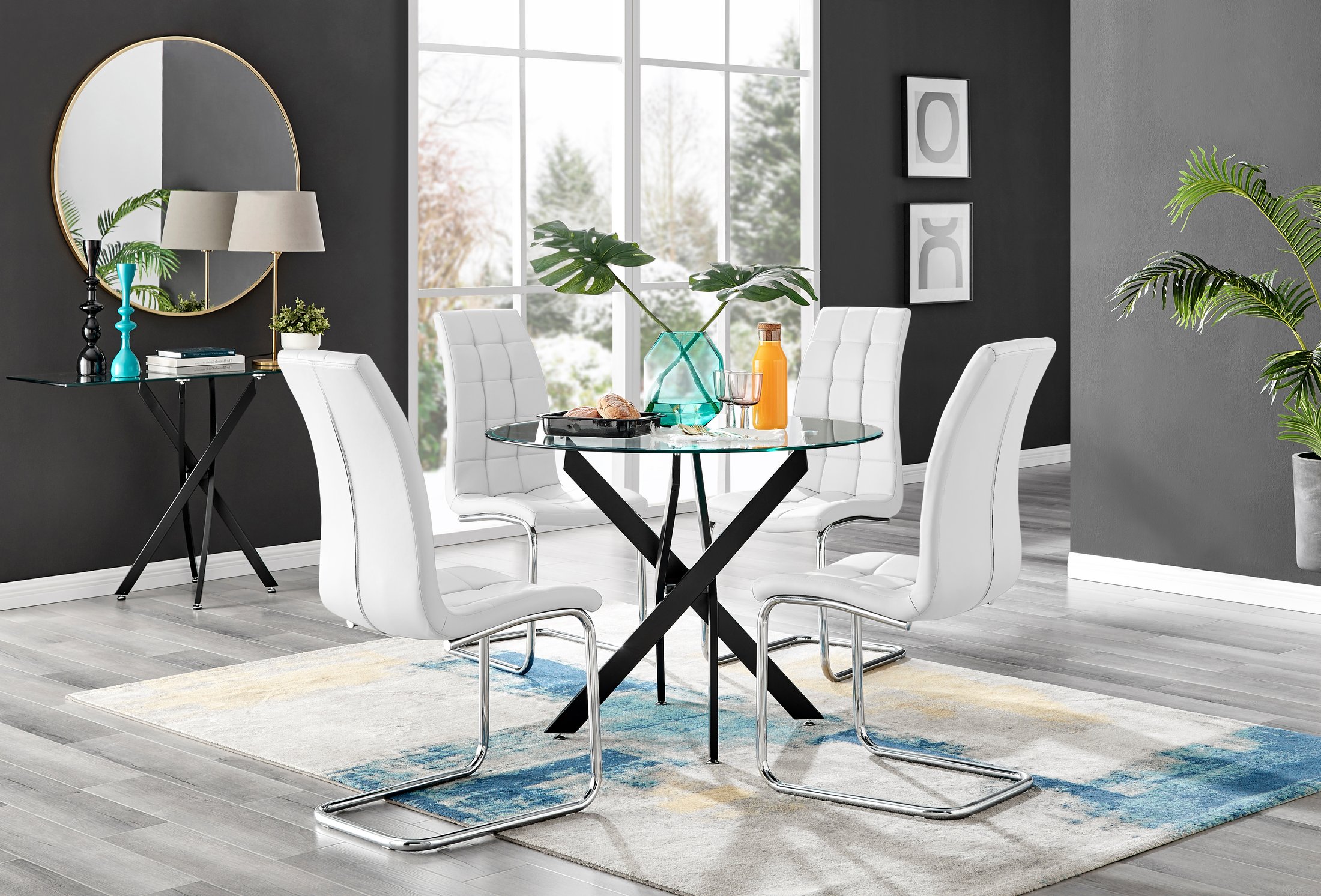 NOVARA 100cm Round Glass and Black Leg Dining Table & 4 Faux Leather Chairs - Picture 455 of 526
