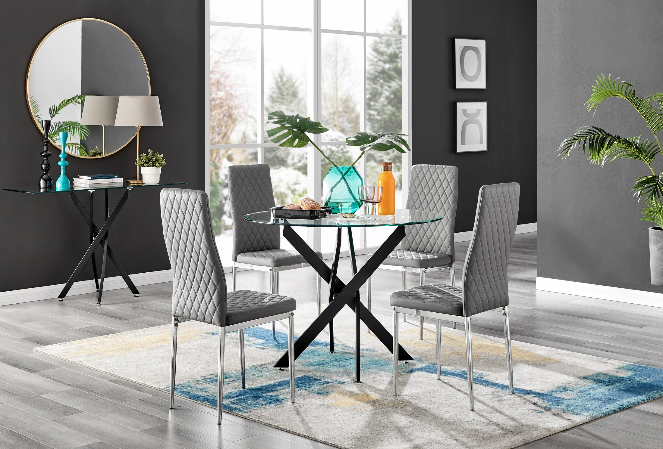 NOVARA 100cm Round Glass and Black Leg Dining Table & 4 Faux Leather Chairs - Picture 335 of 526