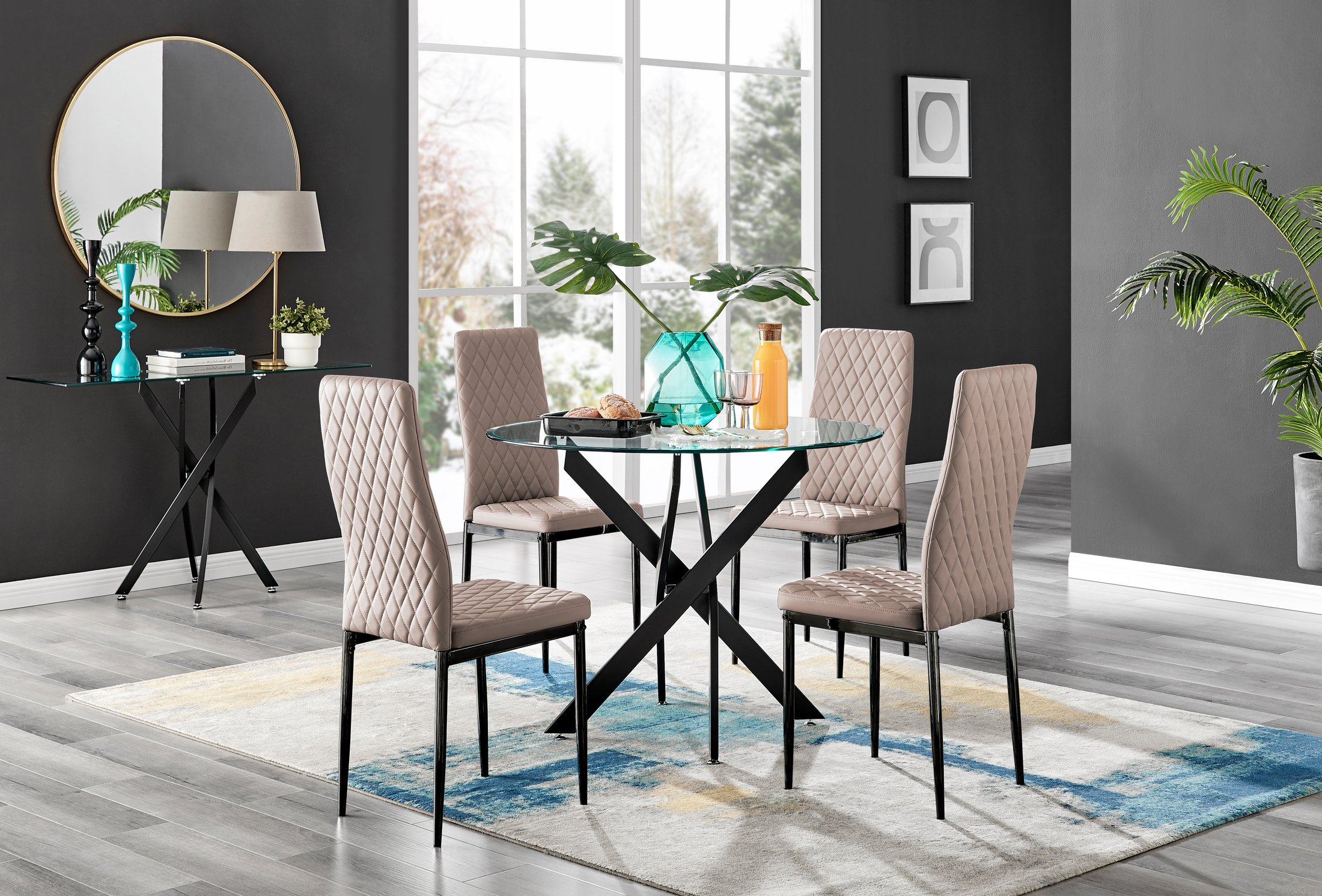 NOVARA 100cm Round Glass and Black Leg Dining Table & 4 Faux Leather Chairs - Picture 275 of 526
