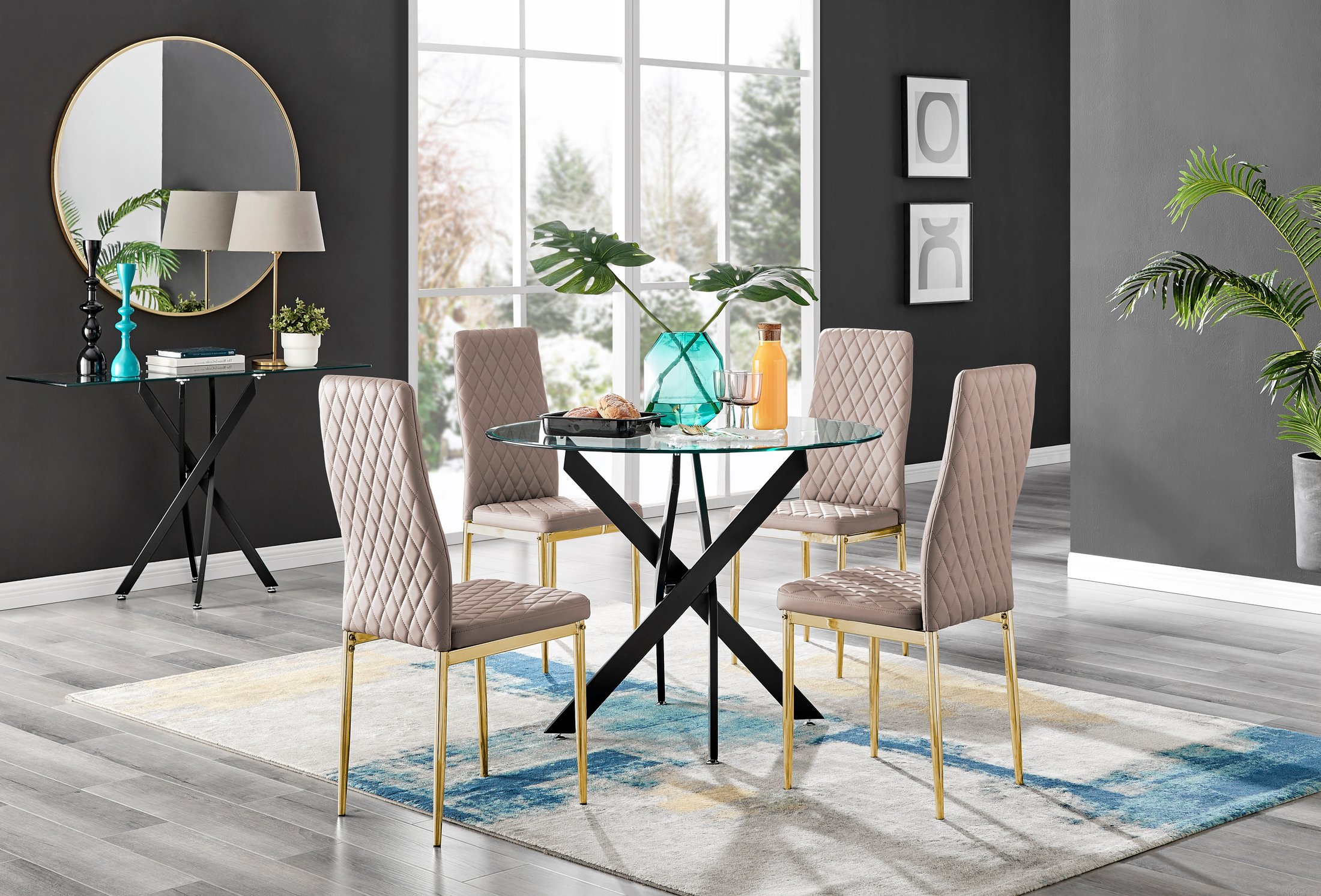NOVARA 100cm Round Glass and Black Leg Dining Table & 4 Faux Leather Chairs - Picture 383 of 526