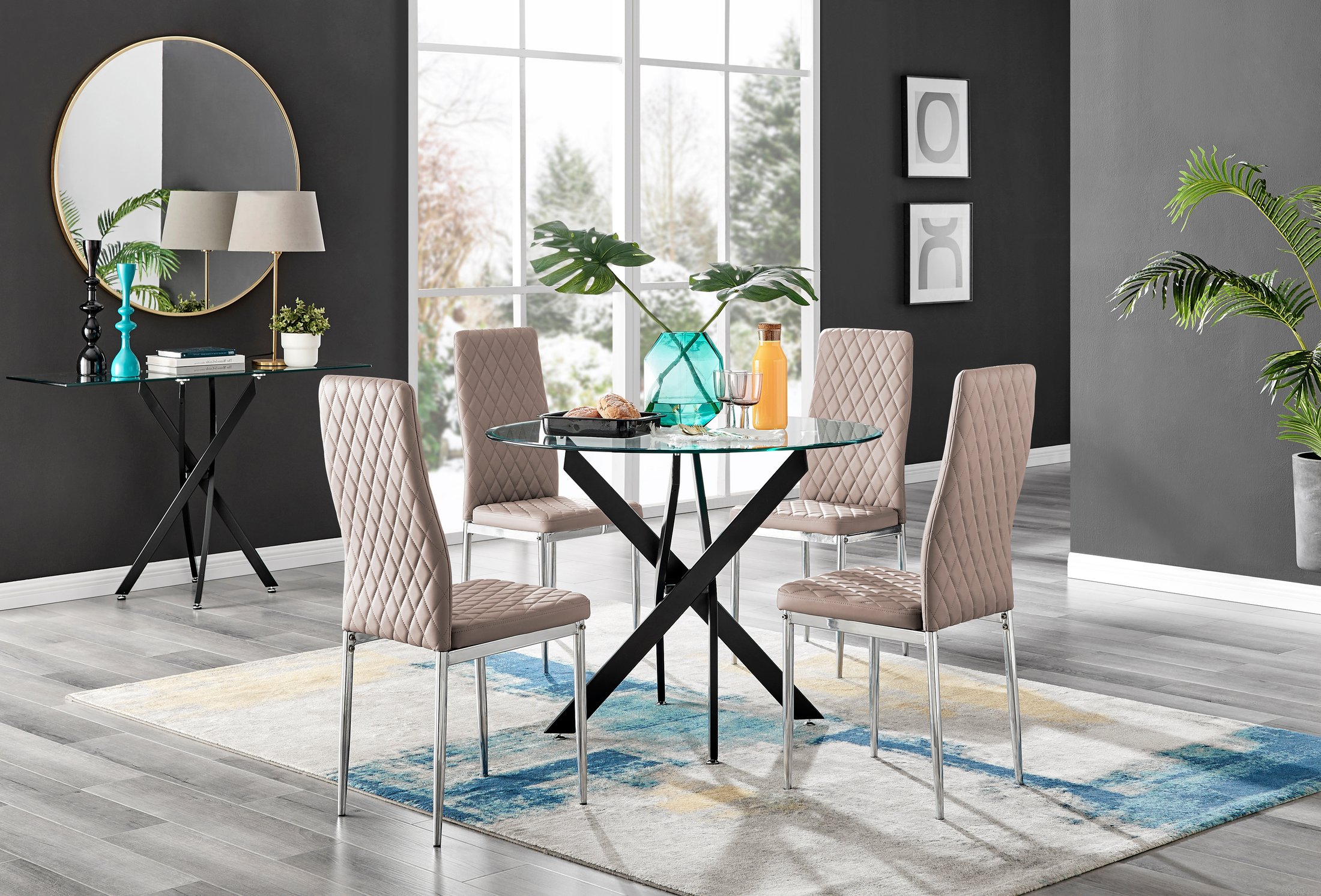 NOVARA 100cm Round Glass and Black Leg Dining Table & 4 Faux Leather Chairs - Picture 323 of 526
