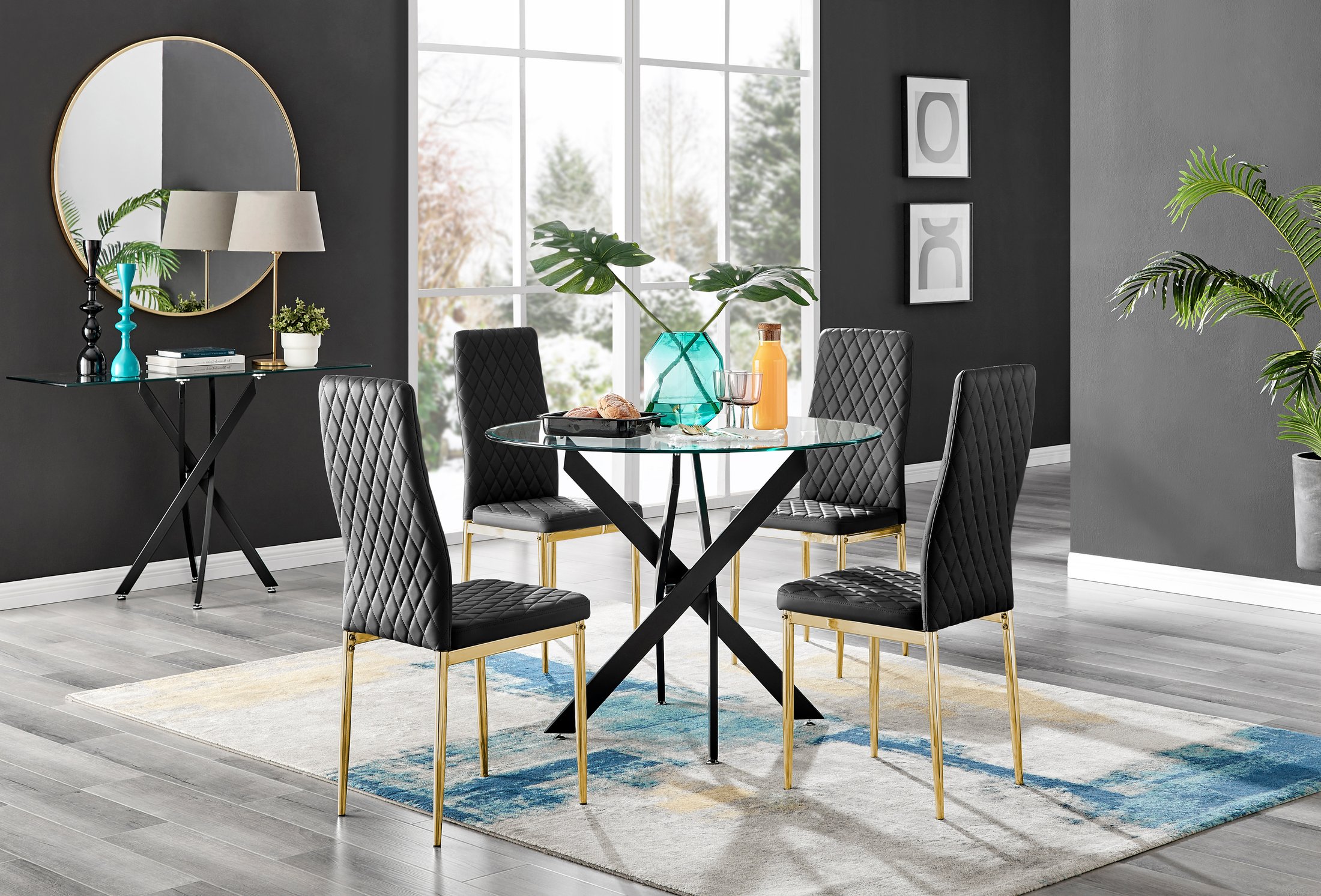 NOVARA 100cm Round Glass and Black Leg Dining Table & 4 Faux Leather Chairs - Picture 371 of 526