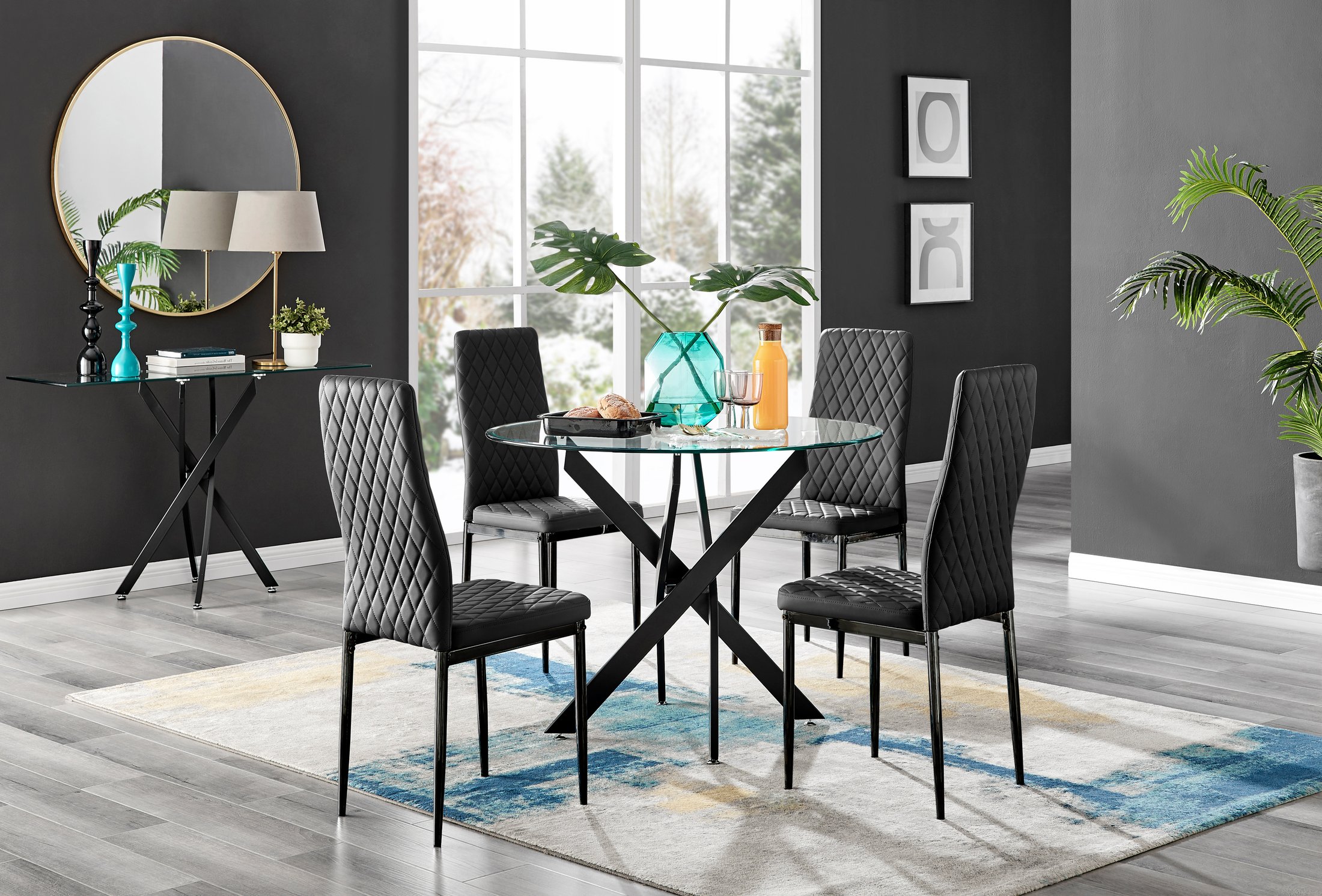 NOVARA 100cm Round Glass and Black Leg Dining Table & 4 Faux Leather Chairs - Picture 263 of 526