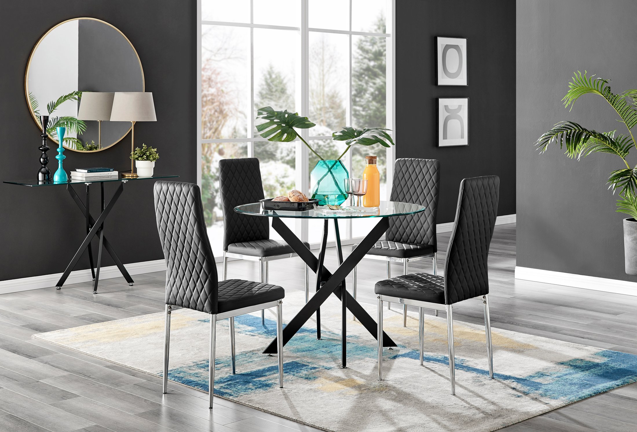 NOVARA 100cm Round Glass and Black Leg Dining Table & 4 Faux Leather Chairs - Picture 311 of 526