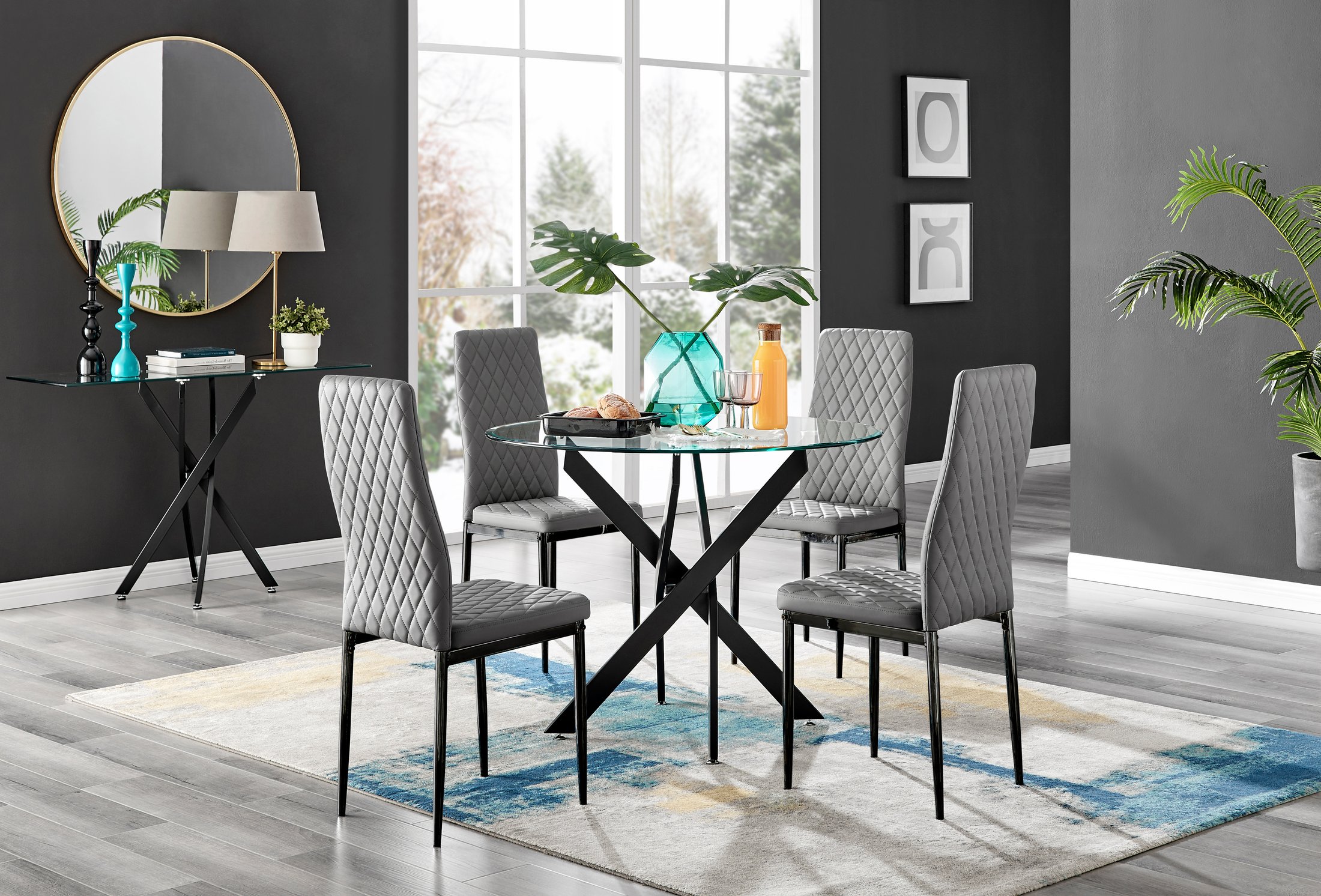 NOVARA 100cm Round Glass and Black Leg Dining Table & 4 Faux Leather Chairs - Picture 287 of 526