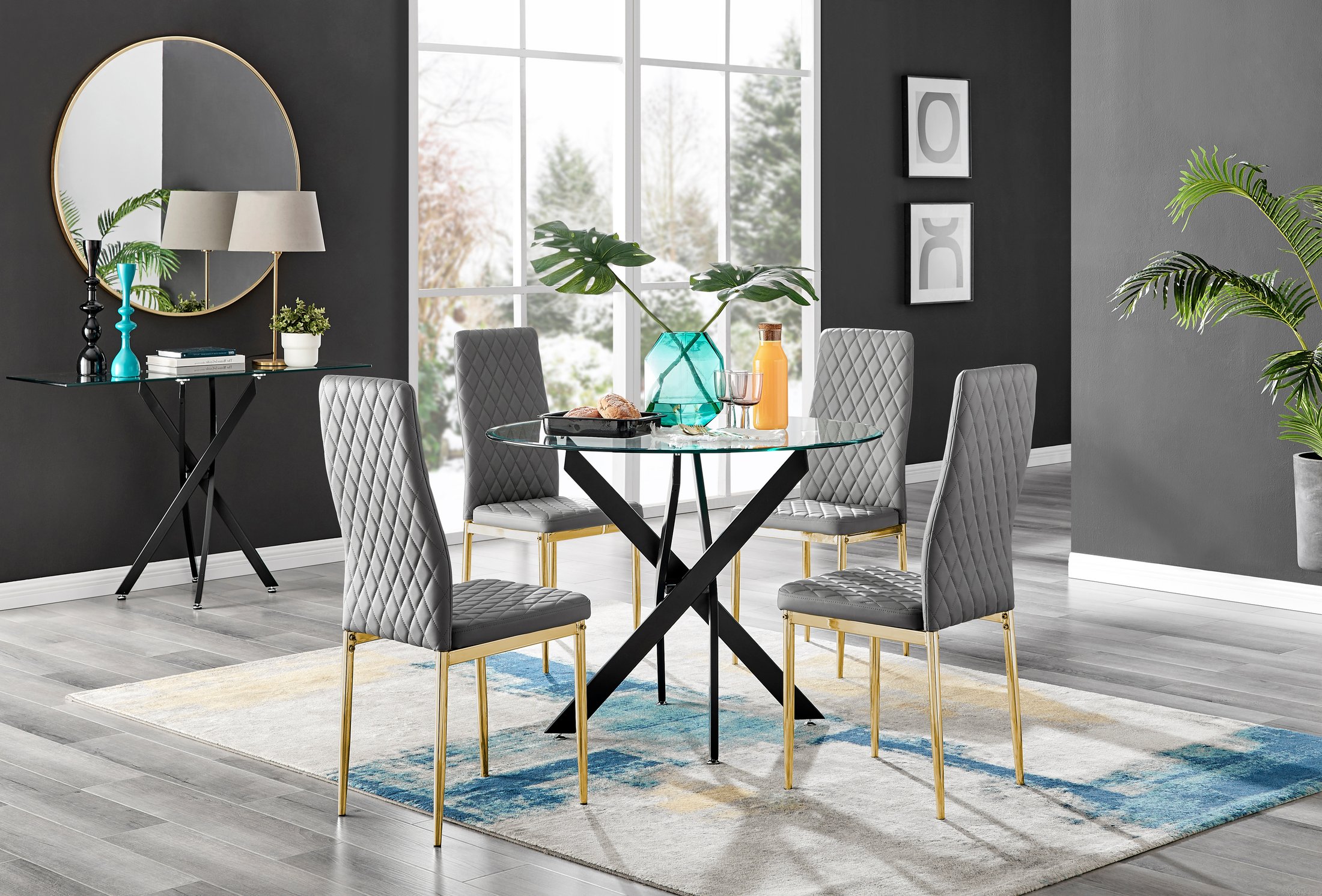 NOVARA 100cm Round Glass and Black Leg Dining Table & 4 Faux Leather Chairs - Picture 395 of 526