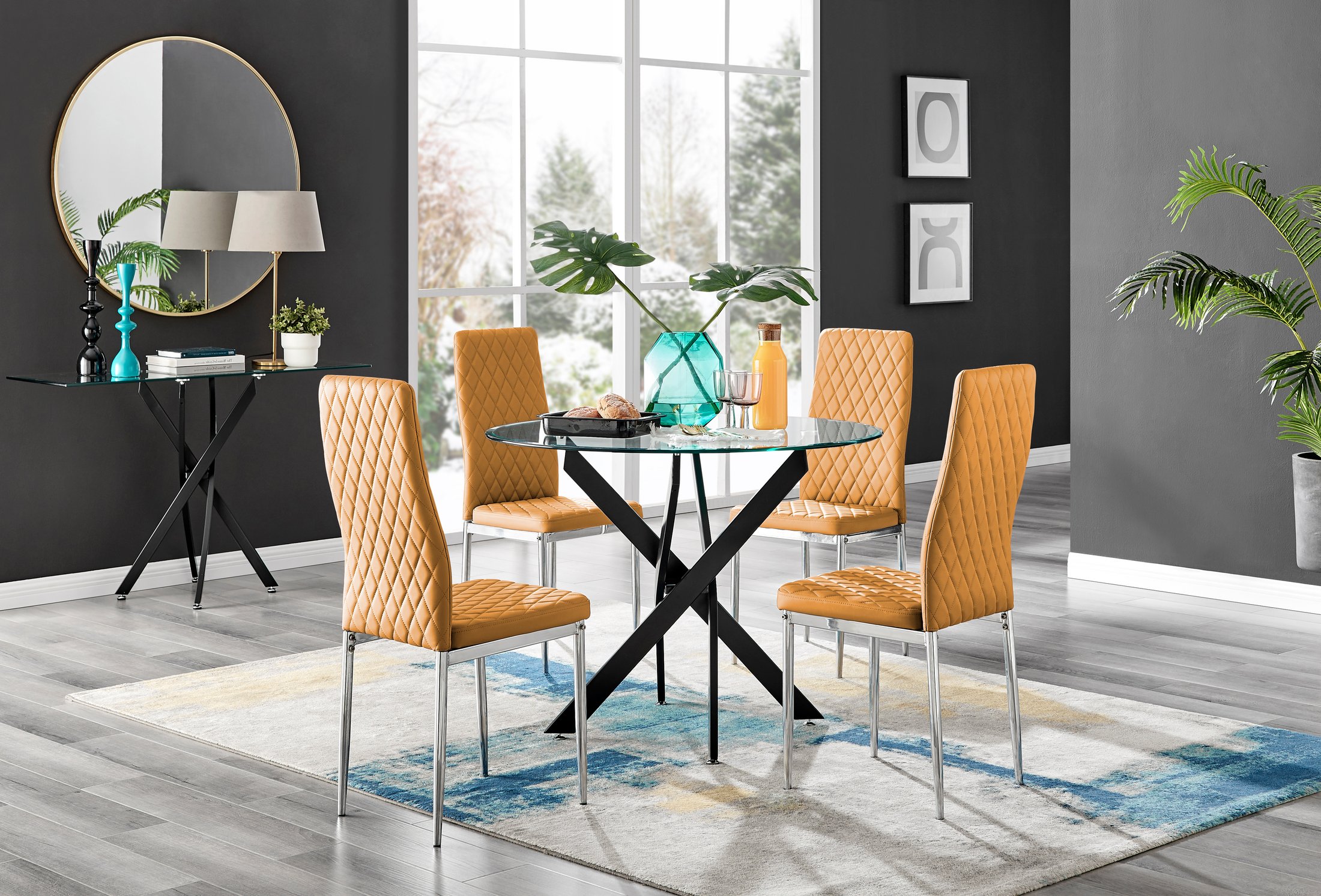 NOVARA 100cm Round Glass and Black Leg Dining Table & 4 Faux Leather Chairs - Picture 347 of 526