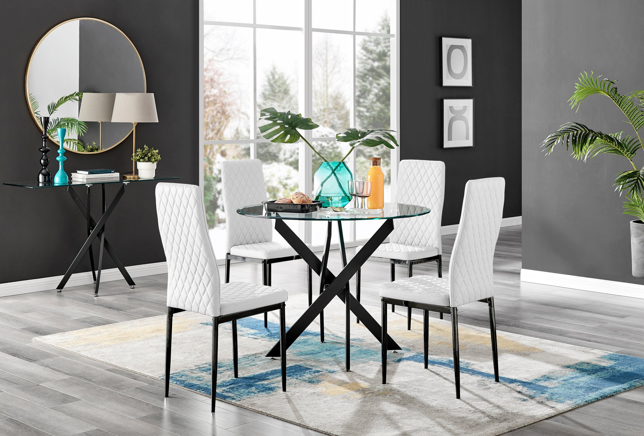 NOVARA 100cm Round Glass and Black Leg Dining Table & 4 Faux Leather Chairs - Picture 299 of 526