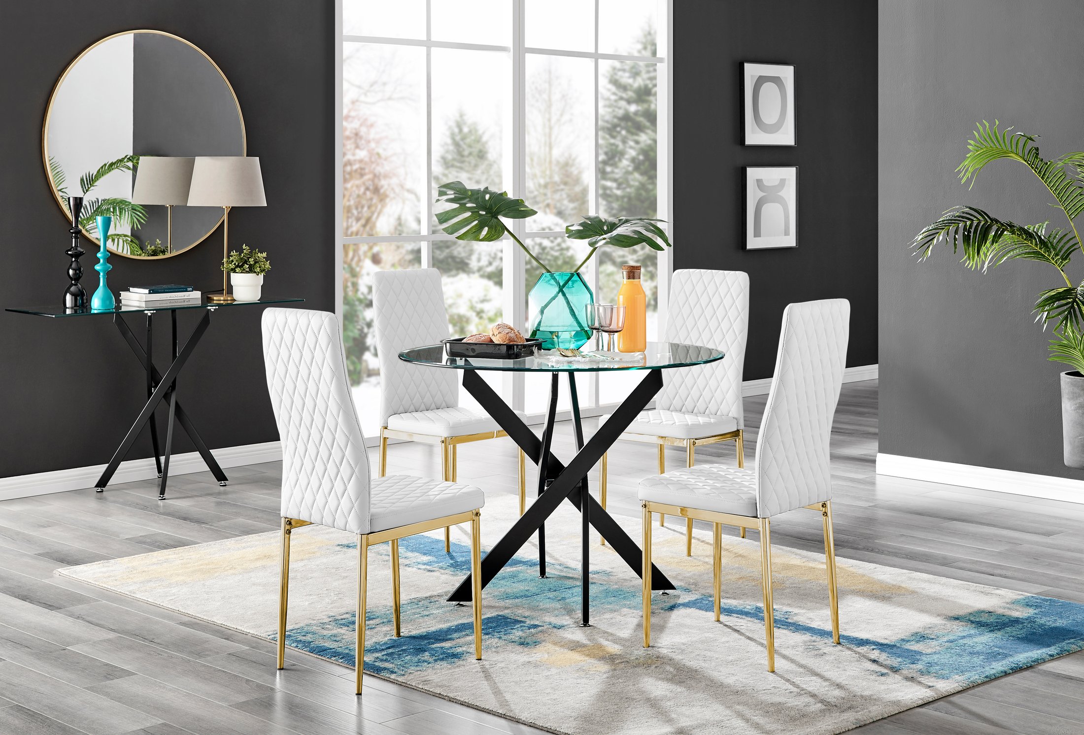NOVARA 100cm Round Glass and Black Leg Dining Table & 4 Faux Leather Chairs - Picture 407 of 526