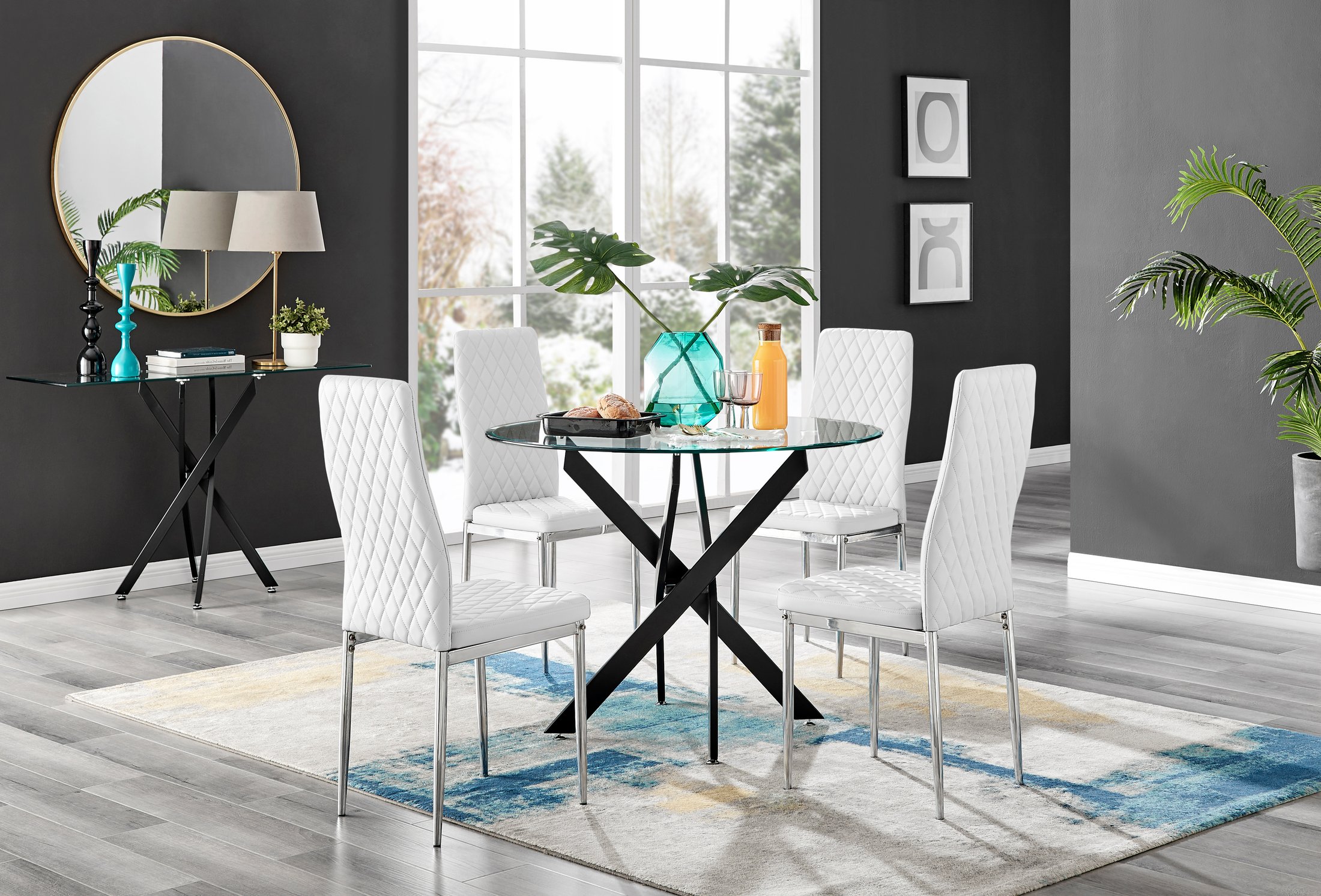 NOVARA 100cm Round Glass and Black Leg Dining Table & 4 Faux Leather Chairs - Picture 359 of 526