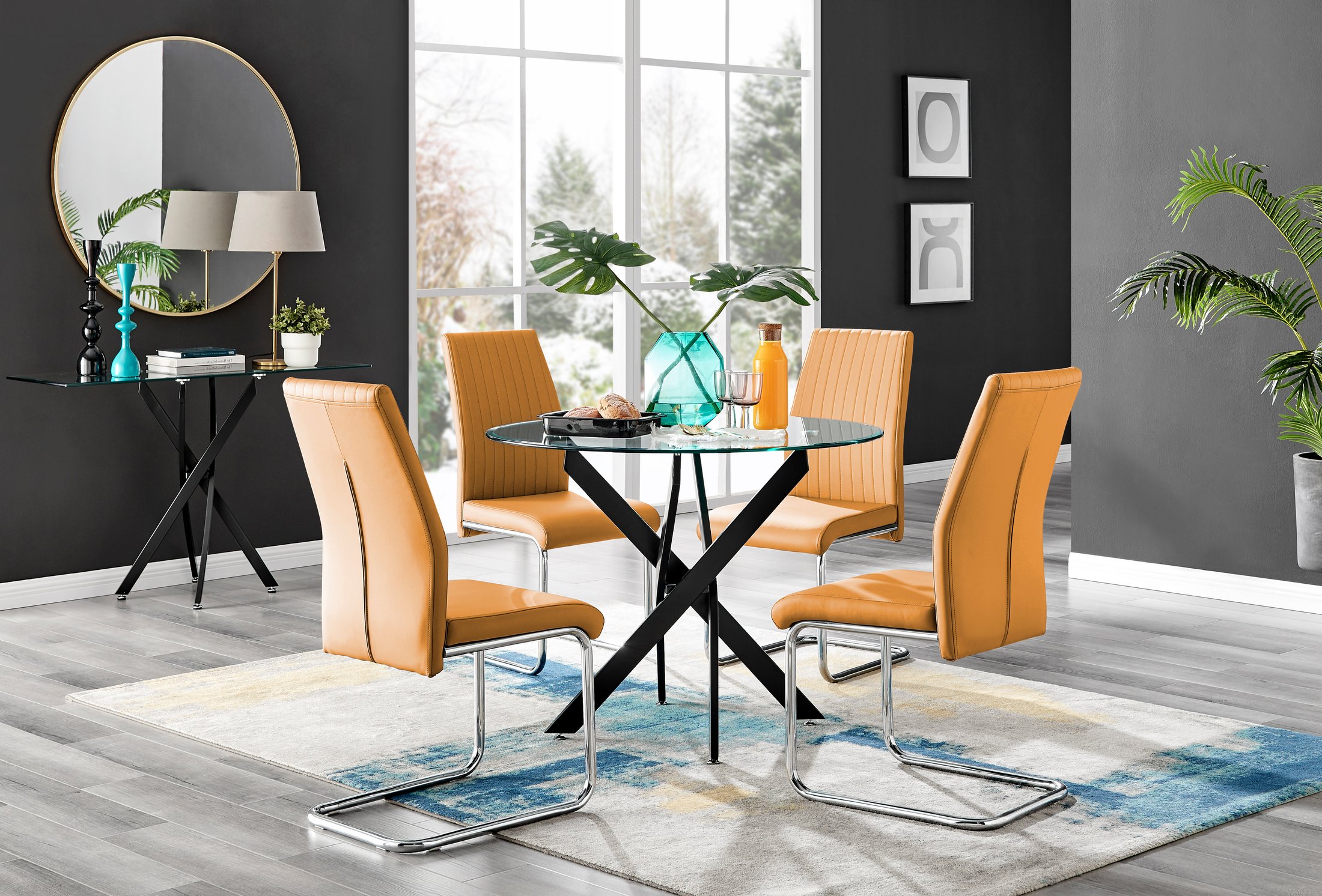 NOVARA 100cm Round Glass and Black Leg Dining Table & 4 Faux Leather Chairs - Picture 239 of 526
