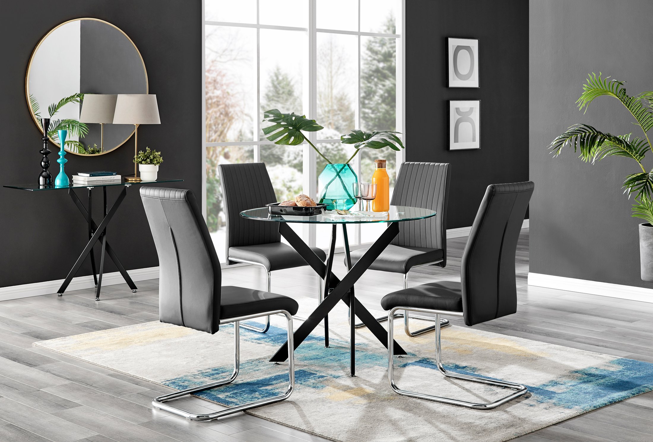 NOVARA 100cm Round Glass and Black Leg Dining Table & 4 Faux Leather Chairs - Picture 203 of 526