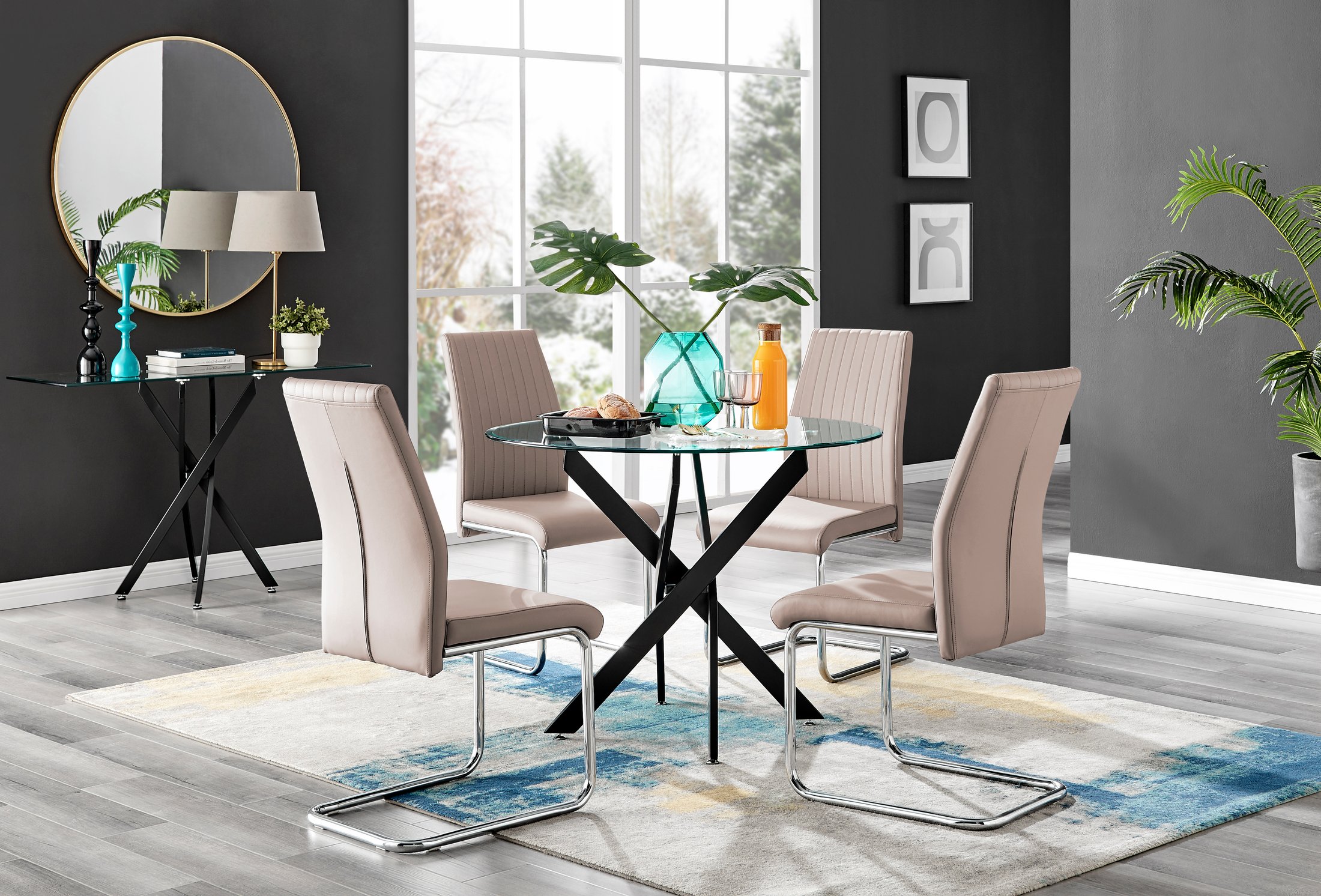 NOVARA 100cm Round Glass and Black Leg Dining Table & 4 Faux Leather Chairs - Picture 215 of 526