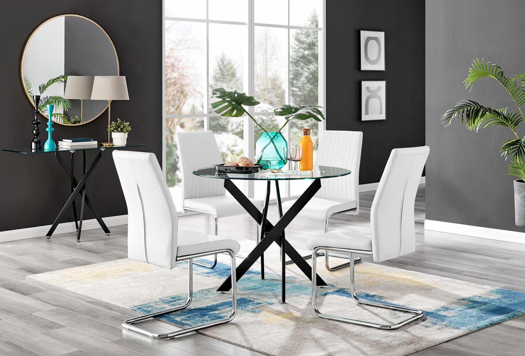 NOVARA 100cm Round Glass and Black Leg Dining Table & 4 Faux Leather Chairs - Picture 251 of 526
