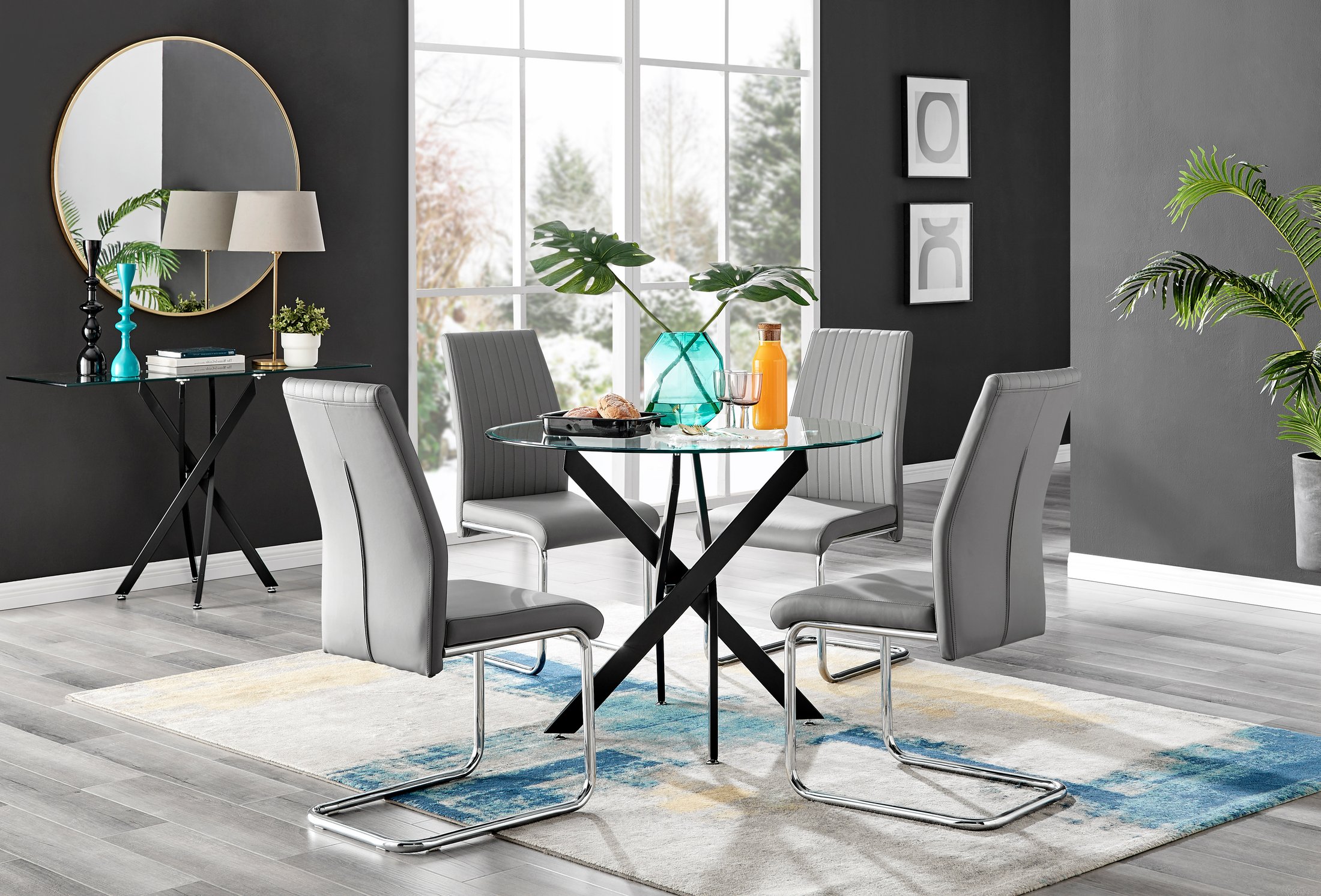 NOVARA 100cm Round Glass and Black Leg Dining Table & 4 Faux Leather Chairs - Picture 227 of 526