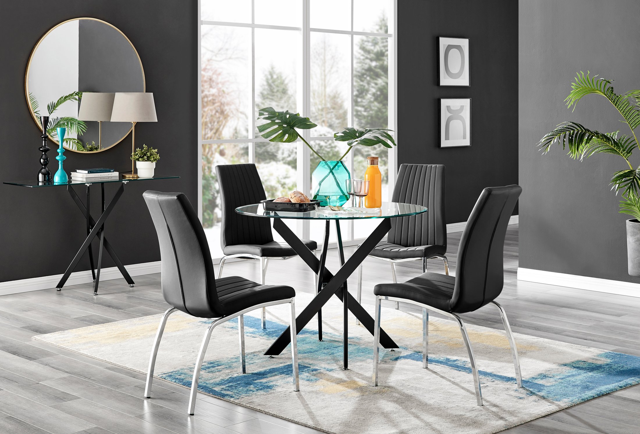 NOVARA 100cm Round Glass and Black Leg Dining Table & 4 Faux Leather Chairs - Picture 155 of 526