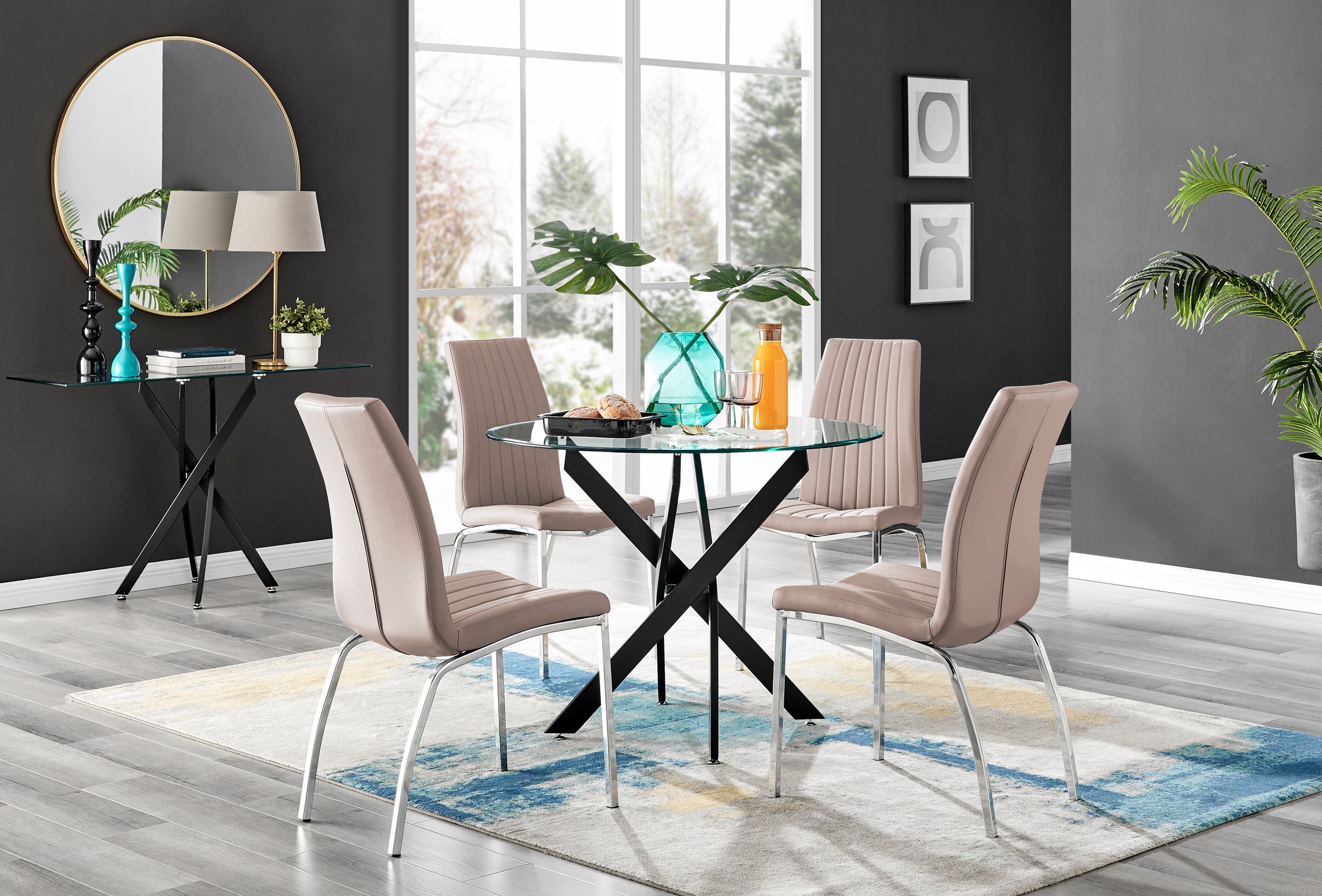 NOVARA 100cm Round Glass and Black Leg Dining Table & 4 Faux Leather Chairs - Picture 167 of 526