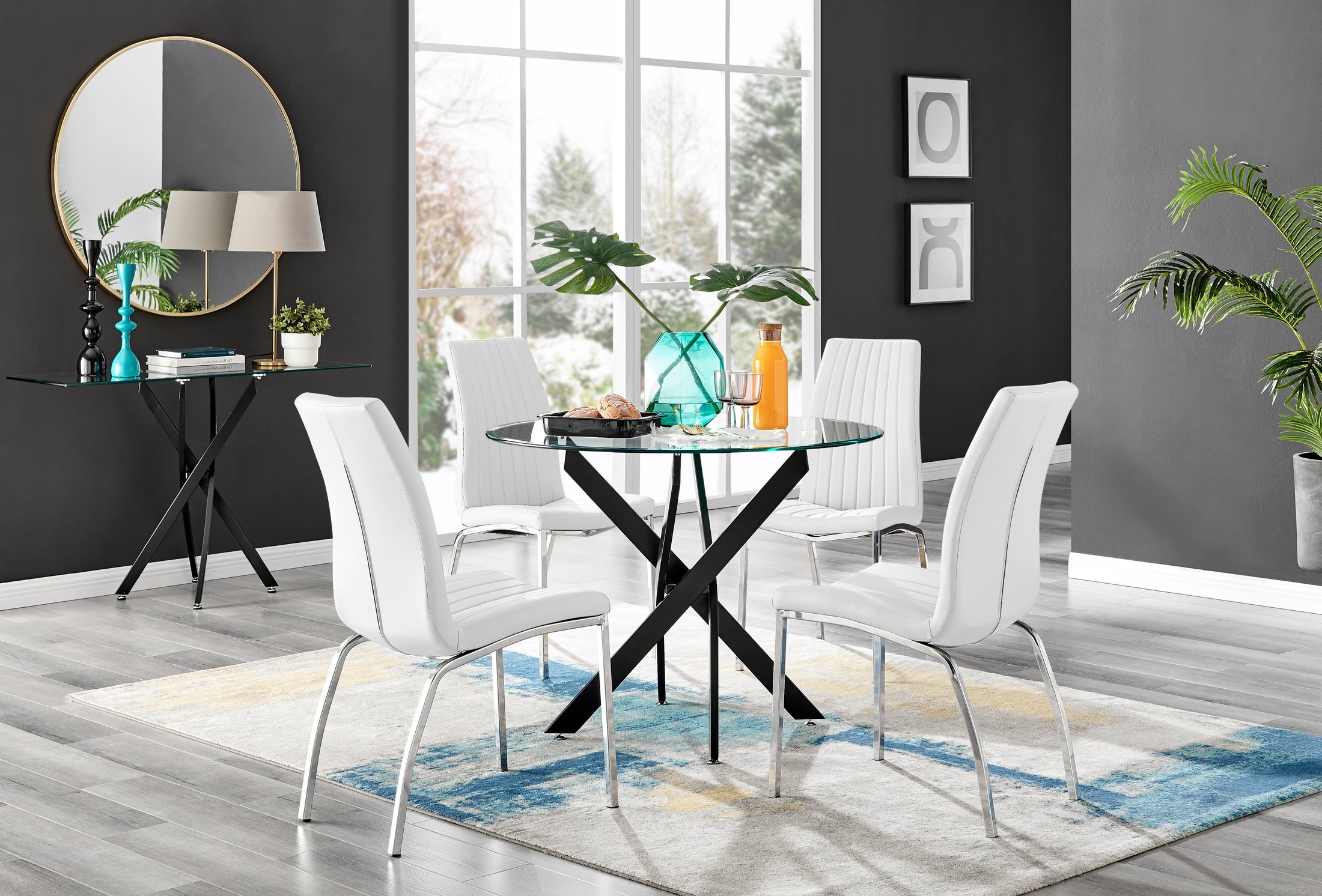 NOVARA 100cm Round Glass and Black Leg Dining Table & 4 Faux Leather Chairs - Picture 191 of 526