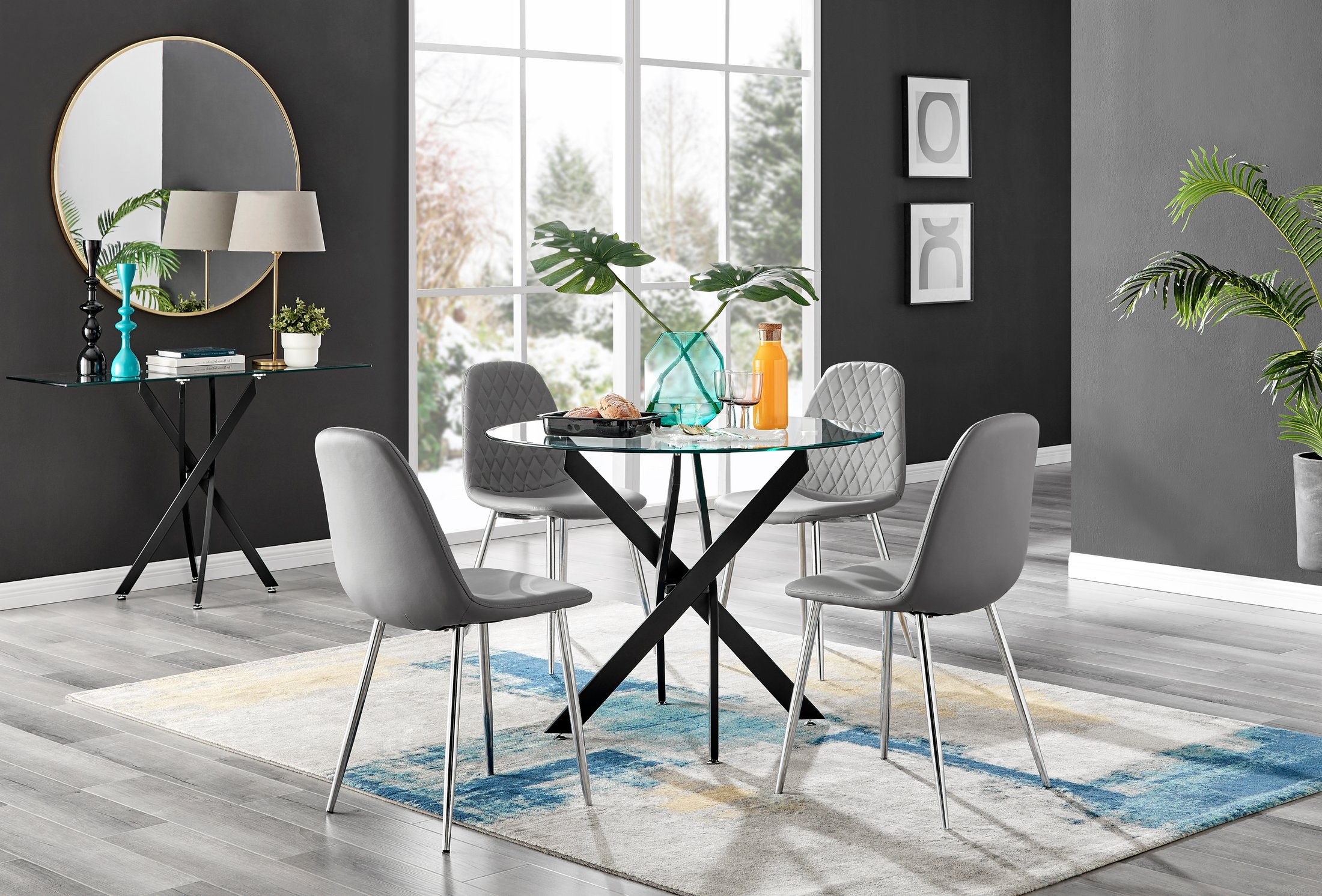 NOVARA 100cm Round Glass and Black Leg Dining Table & 4 Faux Leather Chairs - Picture 83 of 526
