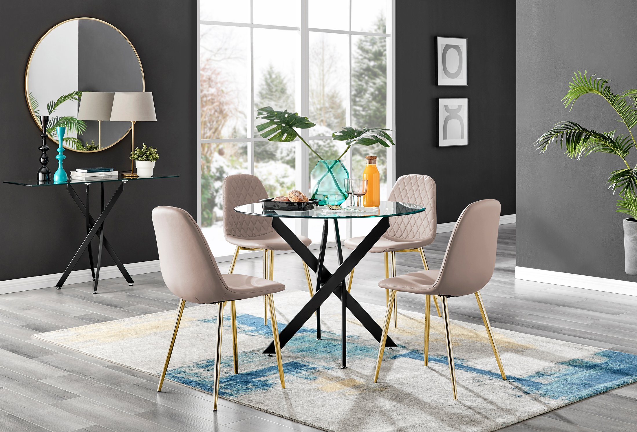 NOVARA 100cm Round Glass and Black Leg Dining Table & 4 Faux Leather Chairs - Picture 119 of 526