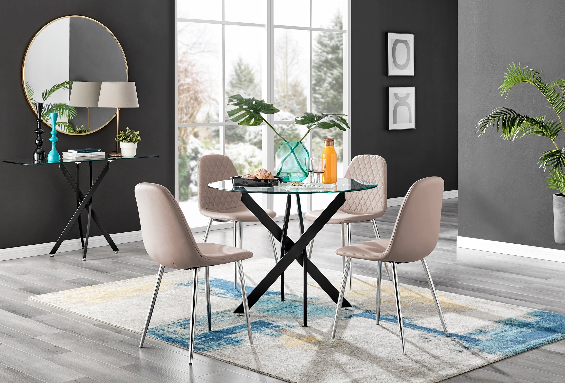 NOVARA 100cm Round Glass and Black Leg Dining Table & 4 Faux Leather Chairs - Picture 71 of 526